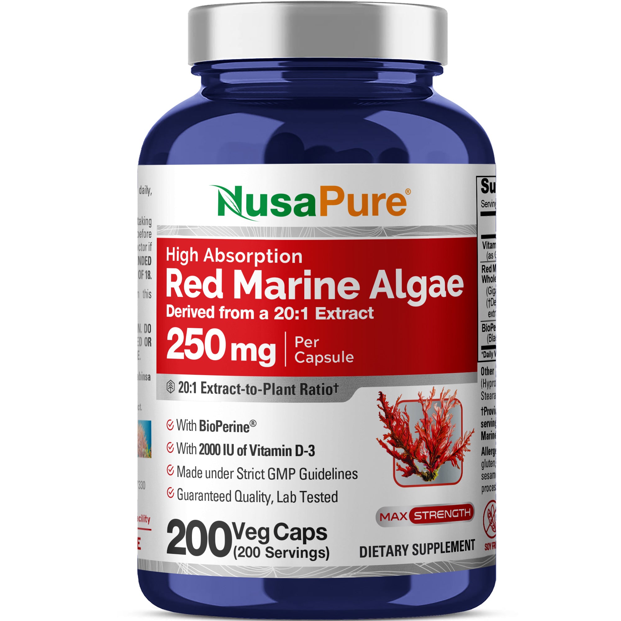 NusaPure Red Marine Algae 20:1 Extract, 250 mg 200 Veggie Capsules (No