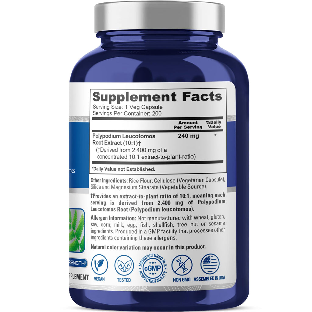 NusaPure Polypodium Leucotomos 10:1 Extract, 240 mg Equivalent to 2400mg 200 Veggie Capsules (Vegetarian, Non-GMO, Vegan)