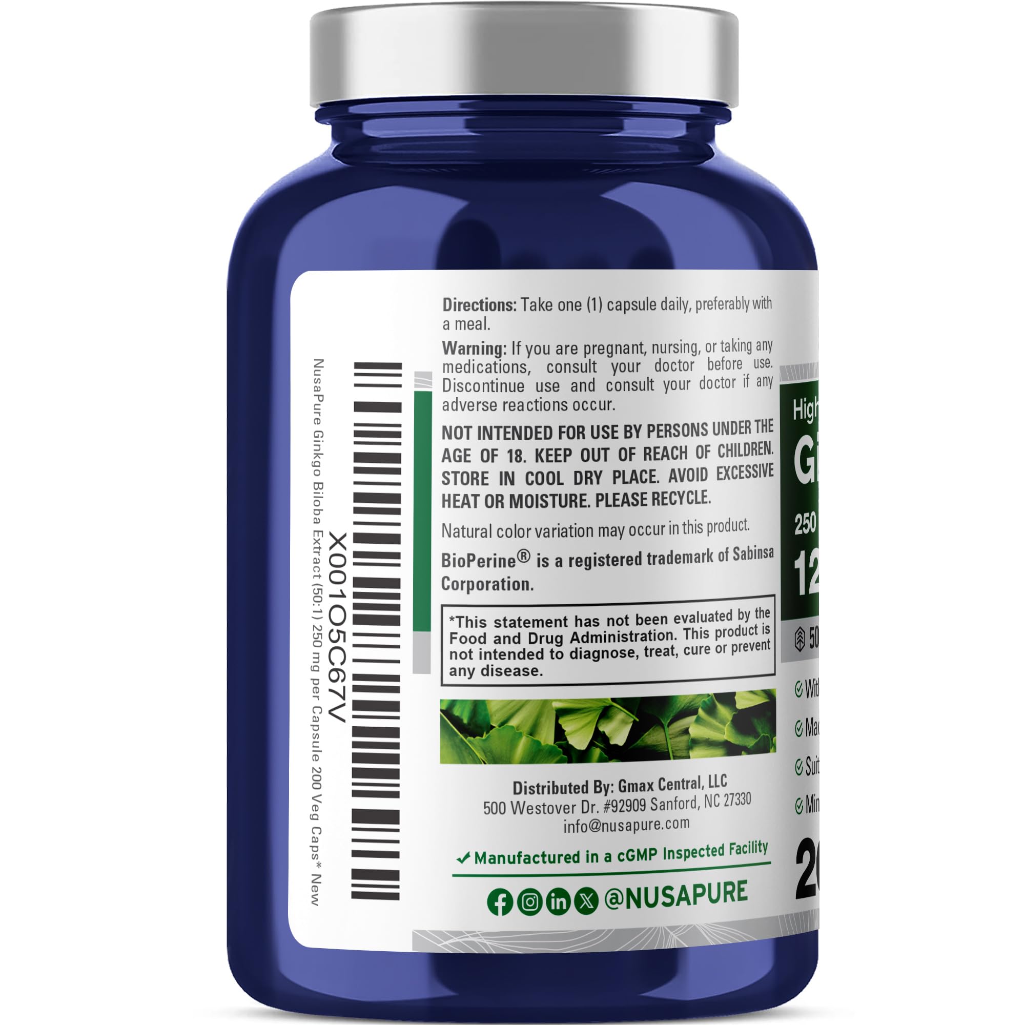 NusaPure Ginkgo Biloba 50:1 Extract, 250 mg Equivalent to 12,500 mg per Veggie Caps 200 Capsules (Vegetarian, Non-GMO, Vegan) Bioperine