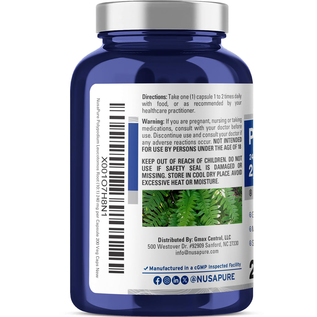 NusaPure Polypodium Leucotomos 10:1 Extract, 240 mg Equivalent to 2400mg 200 Veggie Capsules (Vegetarian, Non-GMO, Vegan)