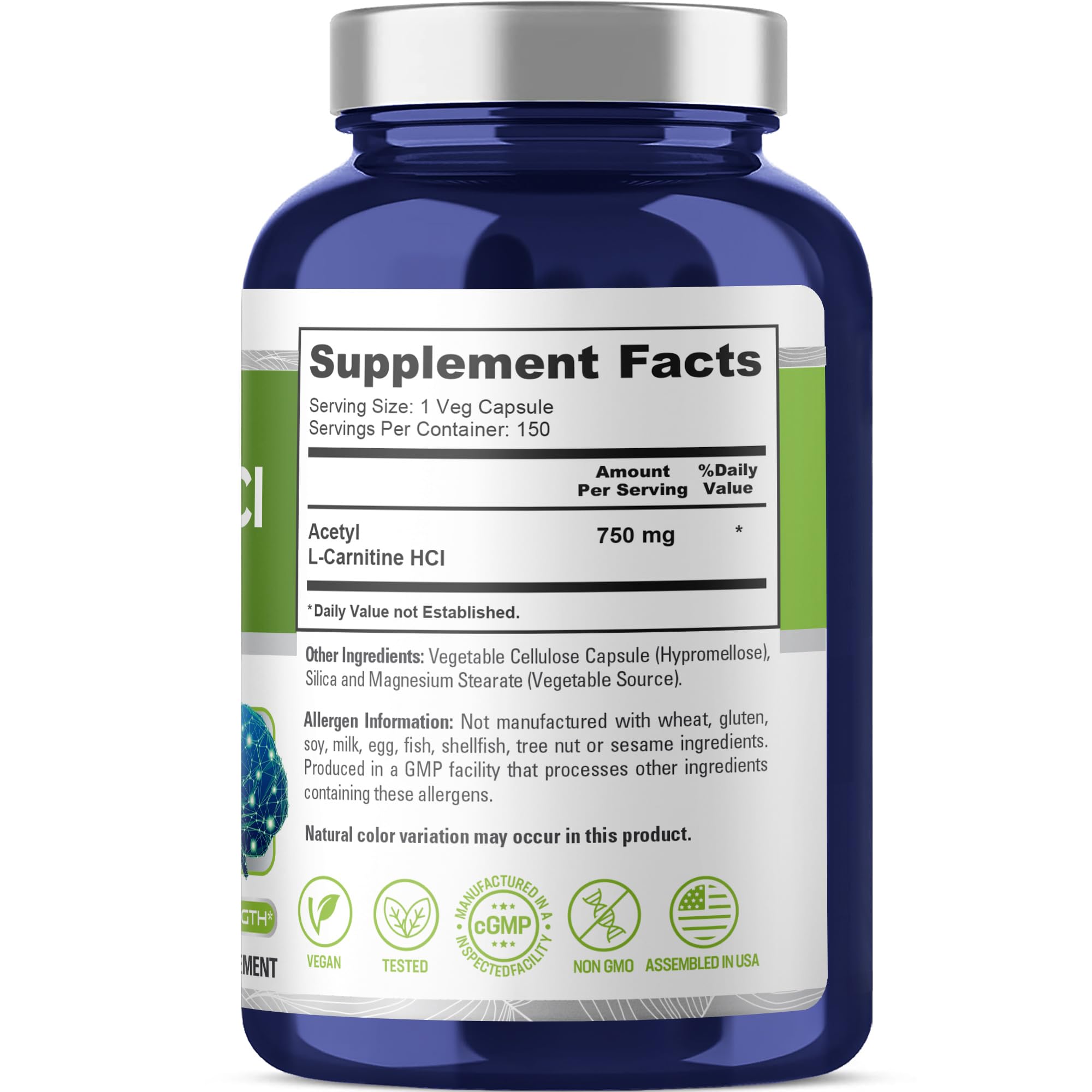 NusaPure Acetyl L-Carnitine 750mg per Caps 150 Veggie Capsules (Non-GMO, Vegan) High Potency Acetyl L Carnitine HCL (ALCAR)