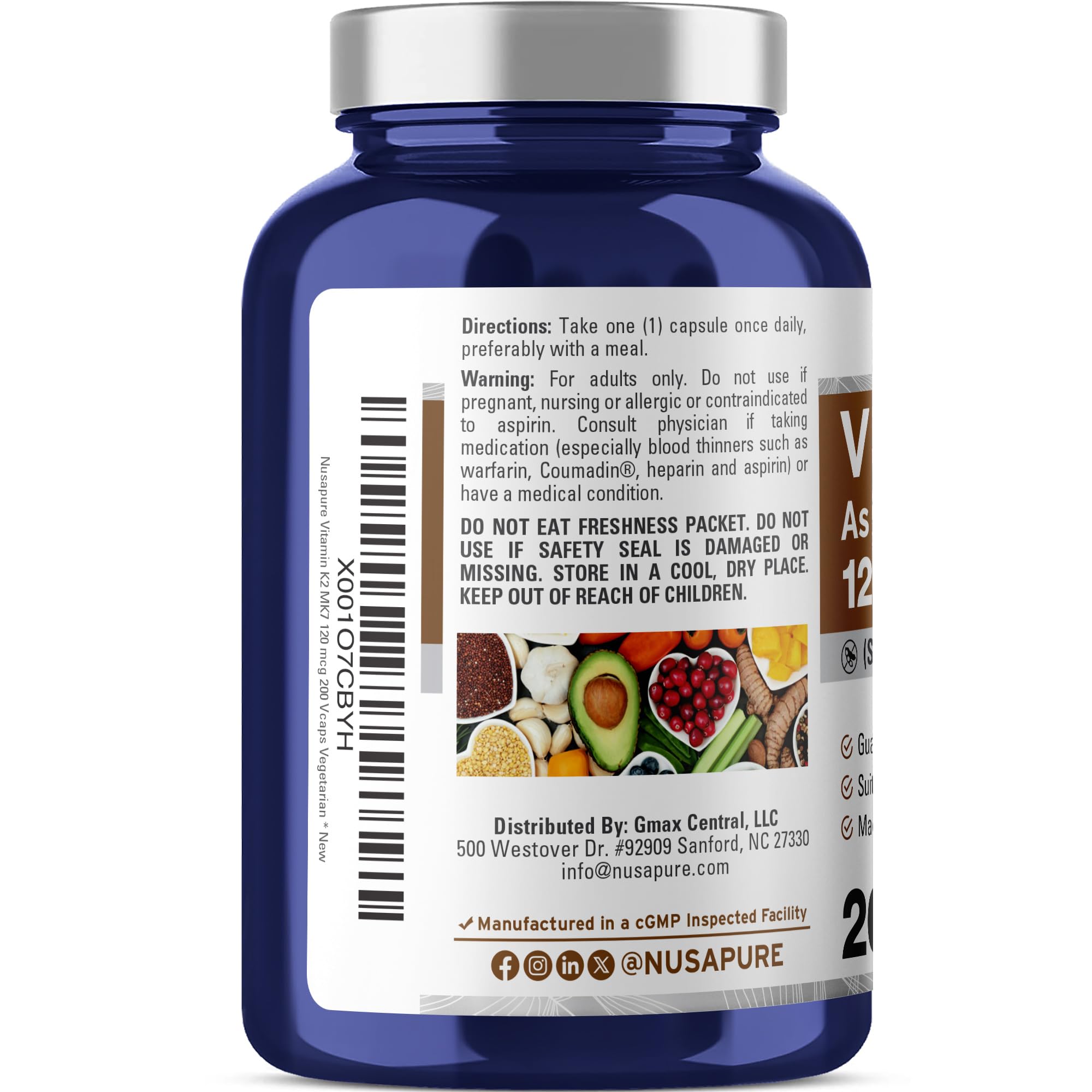 NusaPure Vitamin K2 MK7 120 mcg 200 Veggie Caps (Soy Free, Non-GMO, Ve