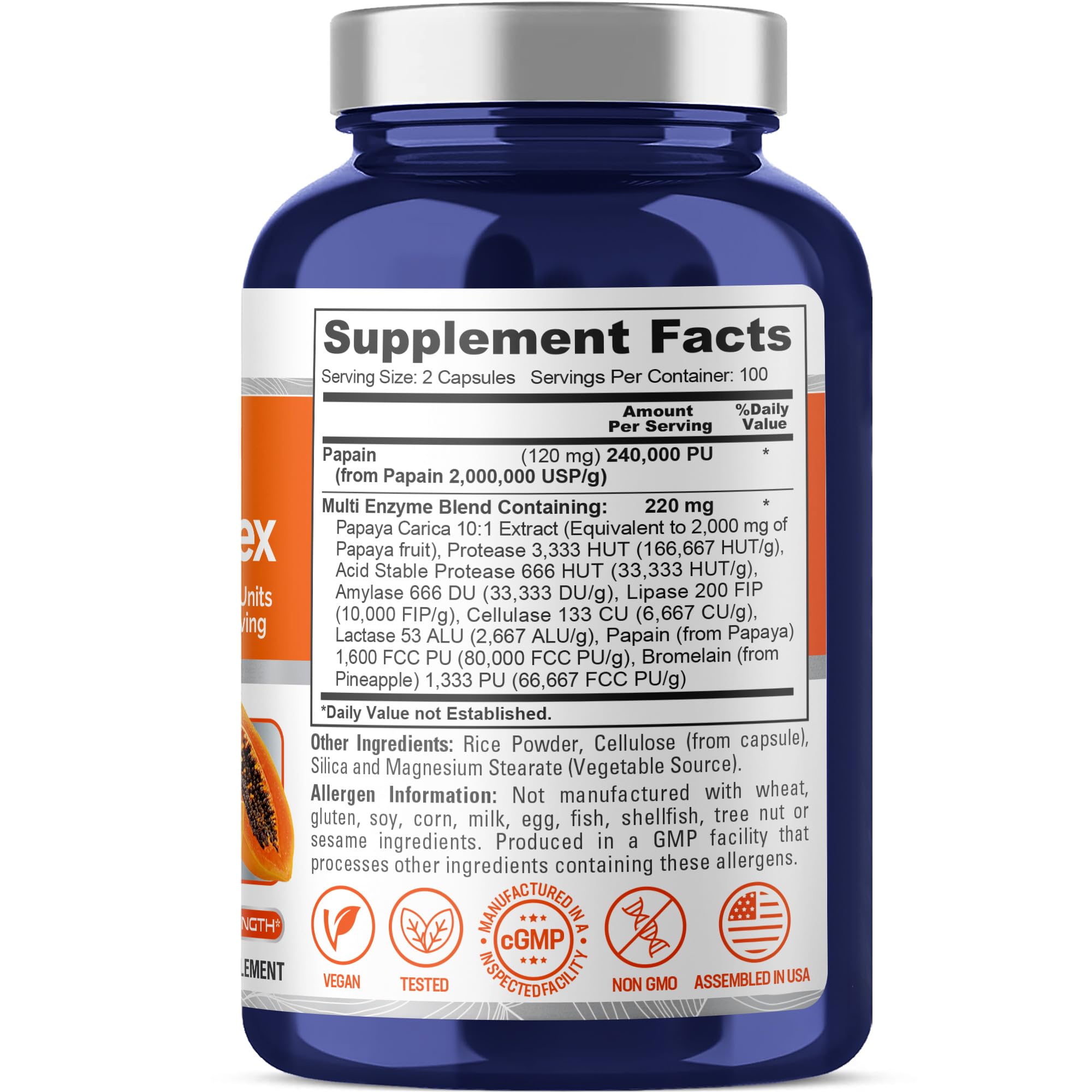 NusaPure Papaya Papain Enzyme Complex 240,000 PU - 200 Veggie Caps - Suitable for Vegetarian, Vegan Non-GMO