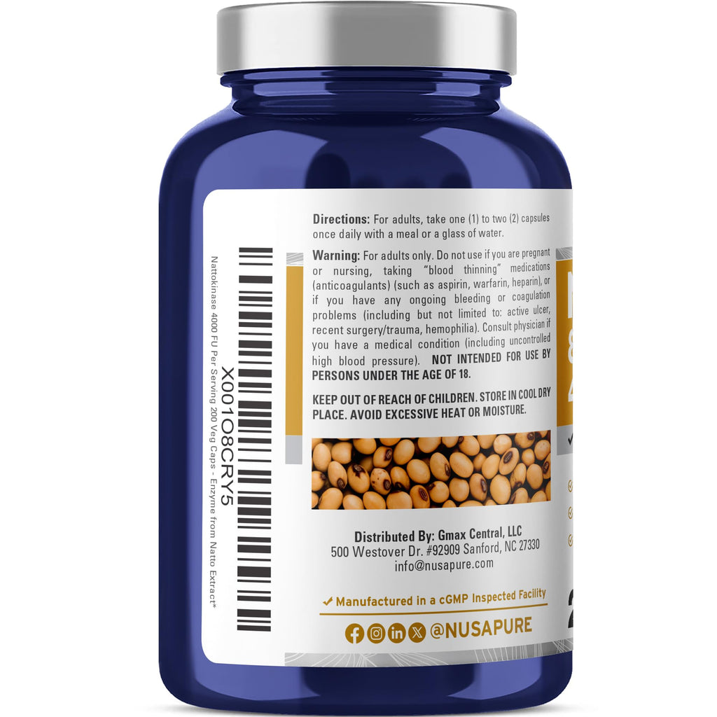 NusaPure Nattokinase 4000 FU 800mg, 200 Veggie Capsules (Vegan, Non-GMO)