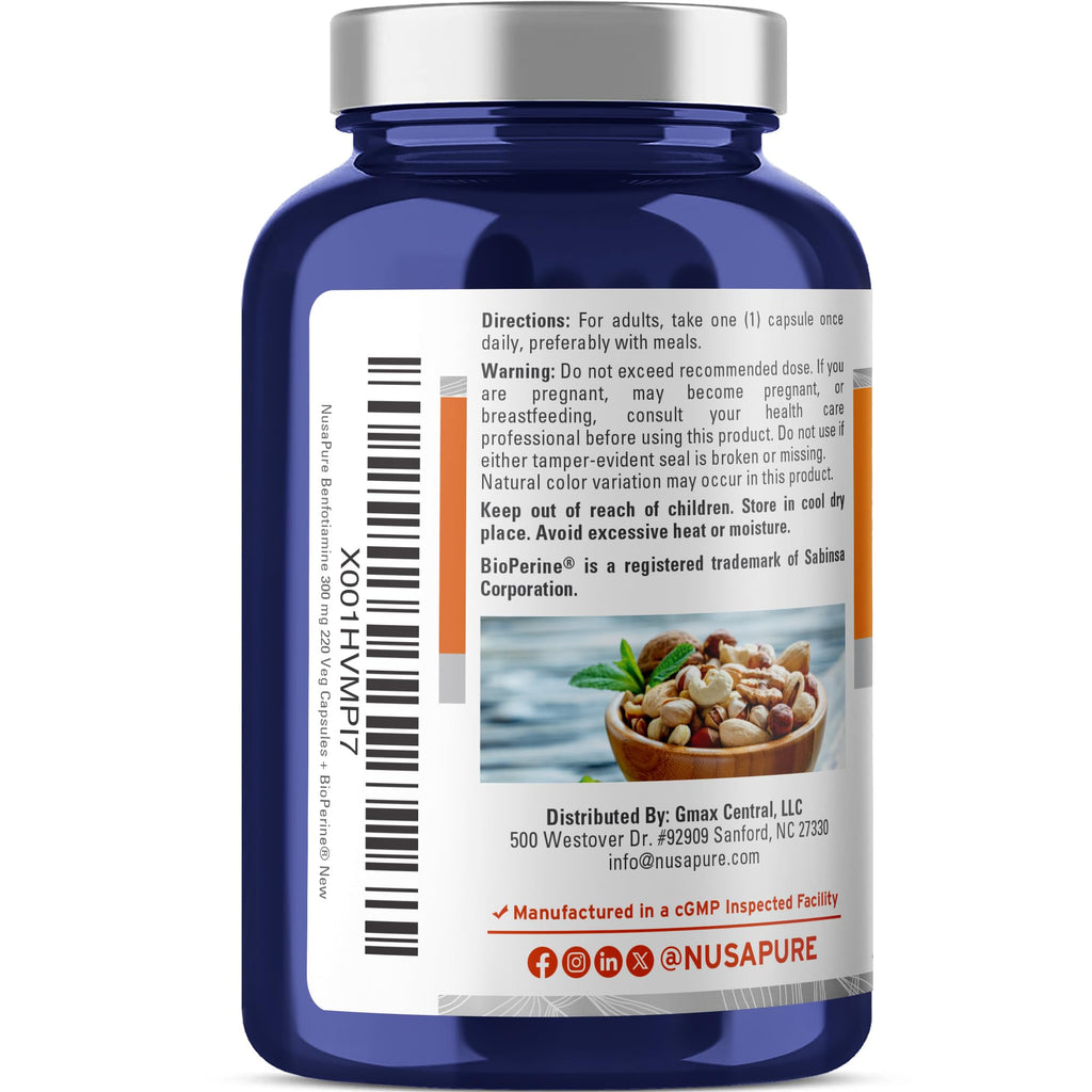 NusaPure Benfotiamine 300mg Per Veggie Caps 220 Count (Non-GMO, Vegan) Bioperine