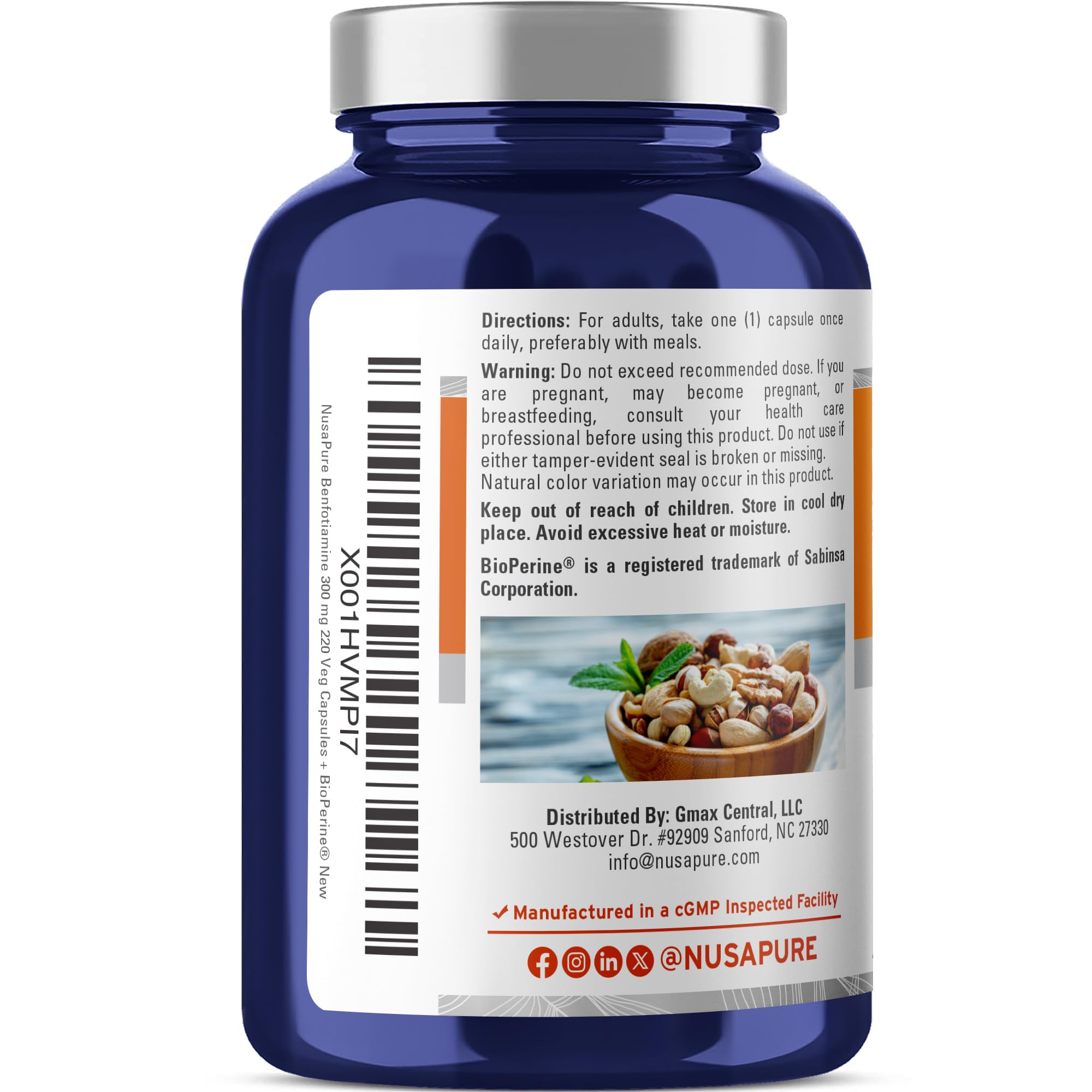 NusaPure Benfotiamine 300mg Per Veggie Caps 220 Count (Non-GMO, Vegan) Bioperine