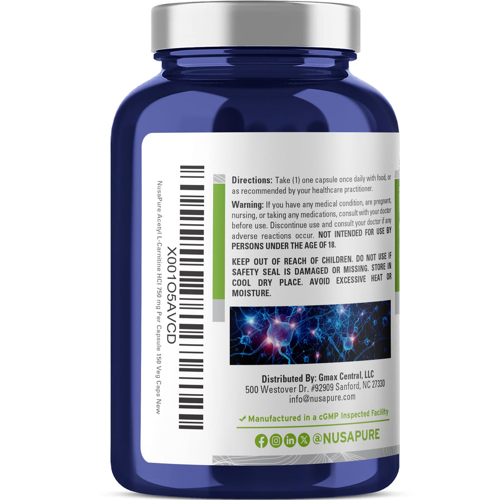 NusaPure Acetyl L-Carnitine 750mg per Caps 150 Veggie Capsules (Non-GMO, Vegan) High Potency Acetyl L Carnitine HCL (ALCAR)