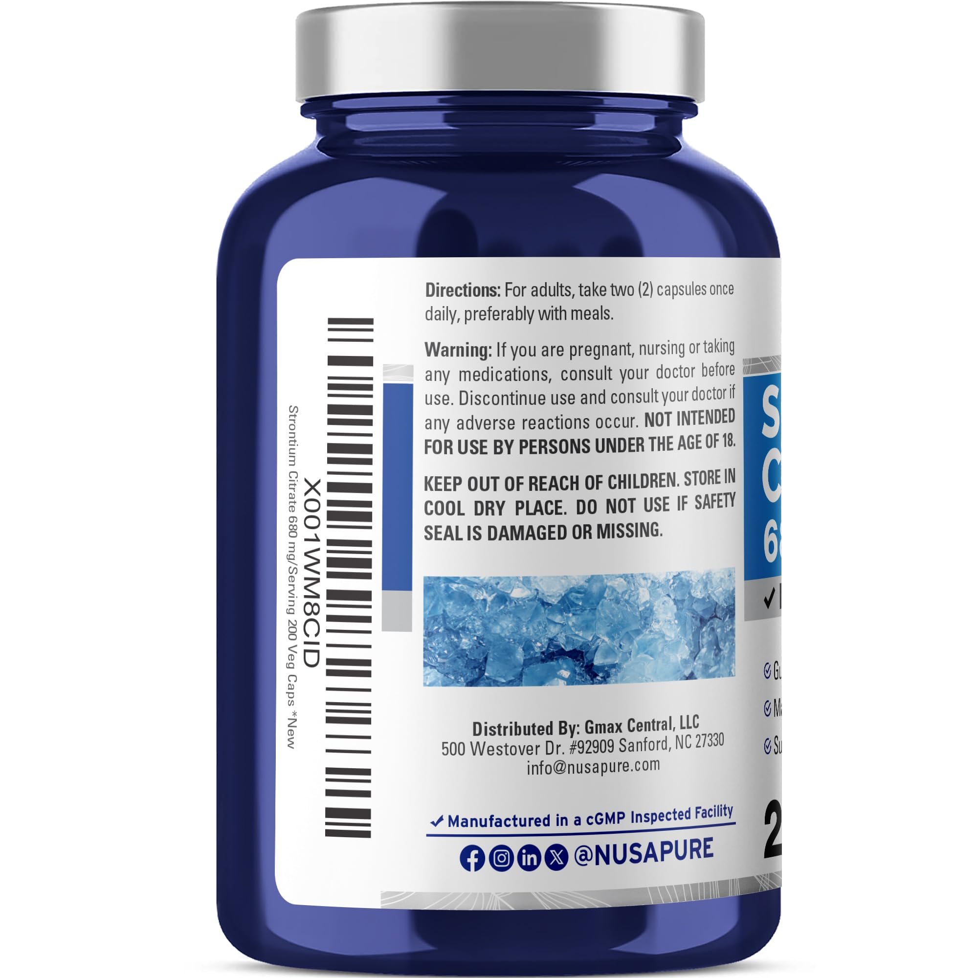NusaPure Strontium Citrate - Suitable for Vegetarian/Vegan, Non - GMO - 680 mg 200 Capsules