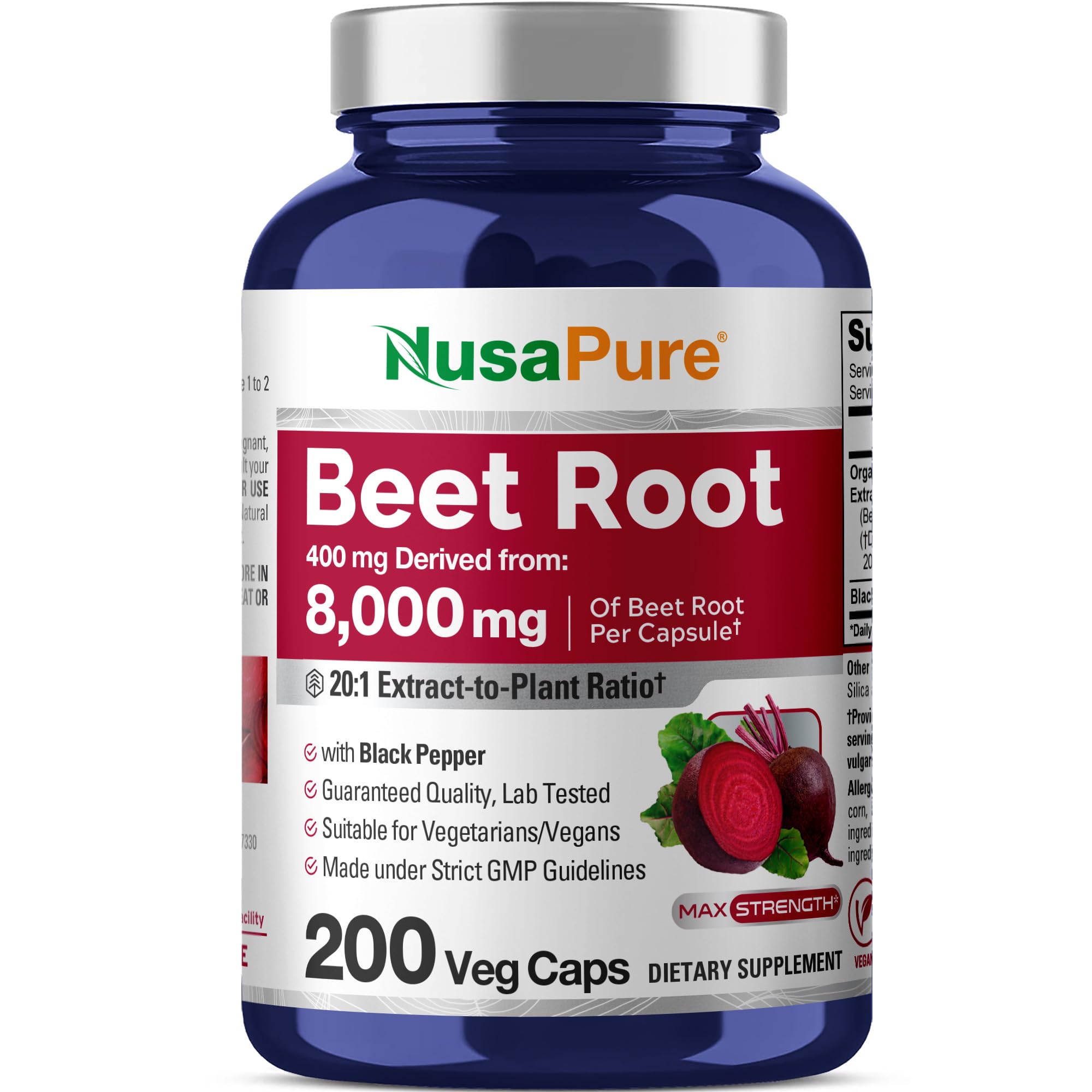 NusaPure Organic Beet Root 20:1 Extract, 400 mg Equivalent to 8,000 mg - Black Pepper 4:1 Extract, 10 mg - 200 Veggie caps (Vegan, Non-GMO)