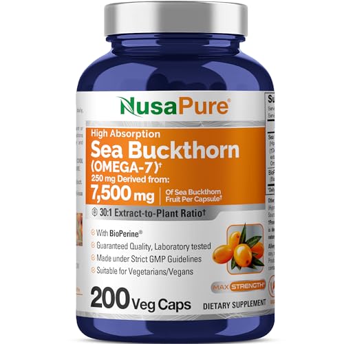 NusaPure Sea Buckthorn Omega-7 30:1 Extract, 250 mg Equivalent to 7,500mg per Veggie Caps - 200 Capsules - Non-GMO & Vegan