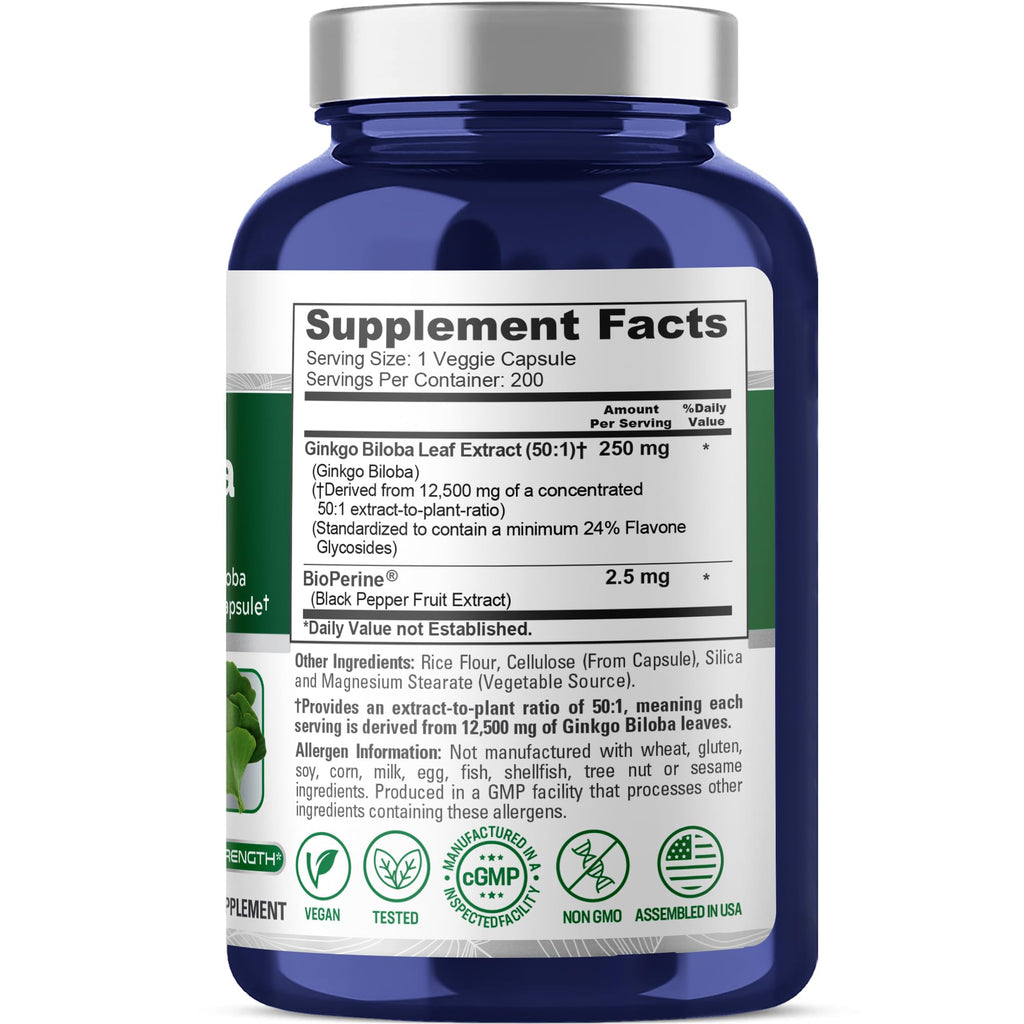 NusaPure Ginkgo Biloba 50:1 Extract, 250 mg Equivalent to 12,500 mg per Veggie Caps 200 Capsules (Vegetarian, Non-GMO, Vegan) Bioperine