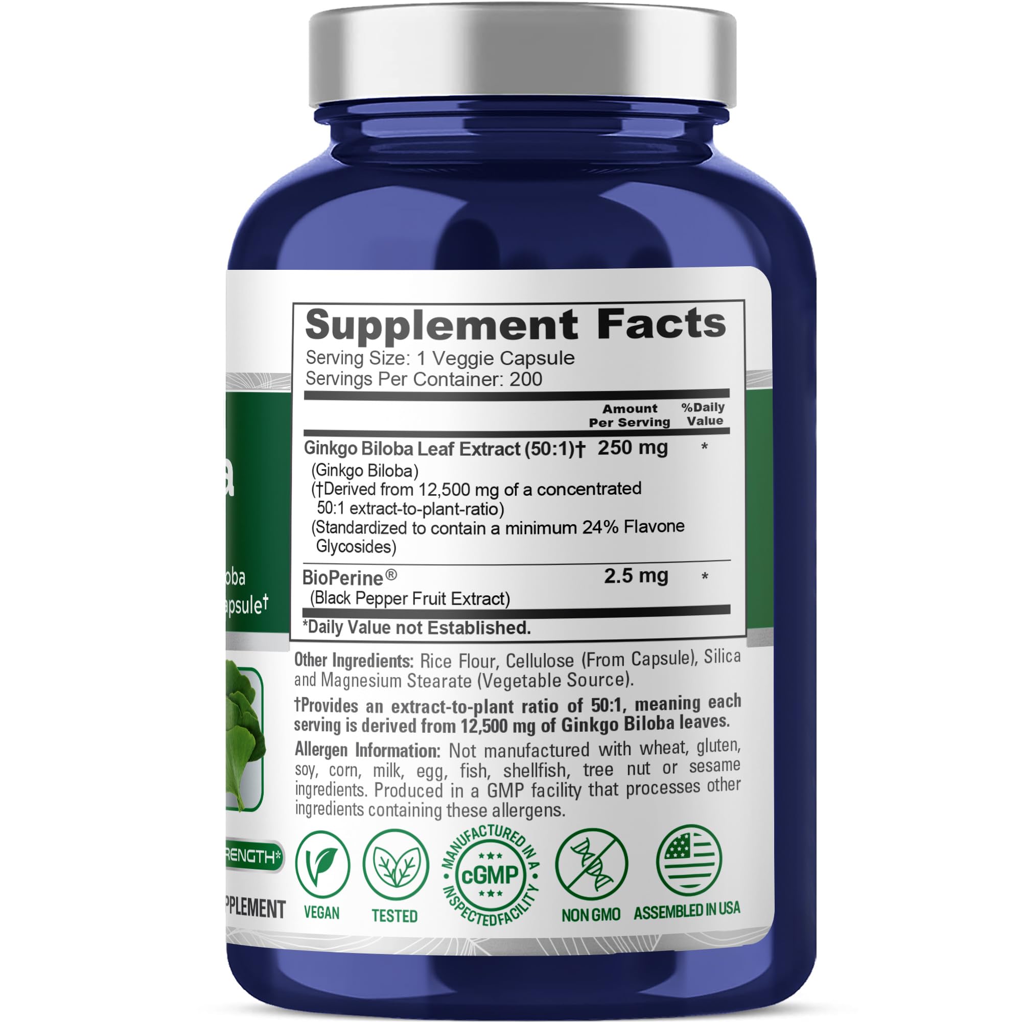 NusaPure Ginkgo Biloba 50:1 Extract, 250 mg Equivalent to 12,500 mg per Veggie Caps 200 Capsules (Vegetarian, Non-GMO, Vegan) Bioperine