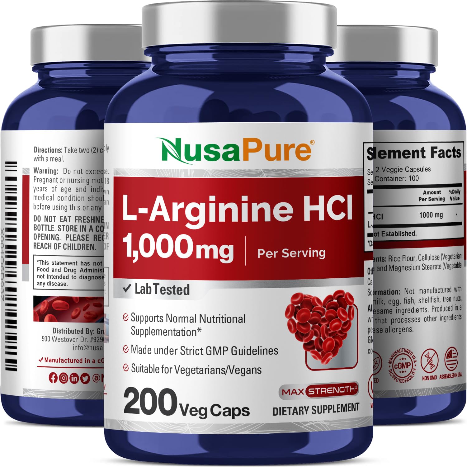 NusaPure L-Arginine 1000 mg 200 Veggie Capsules (Non-GMO, Vegetarian, Vegan)
