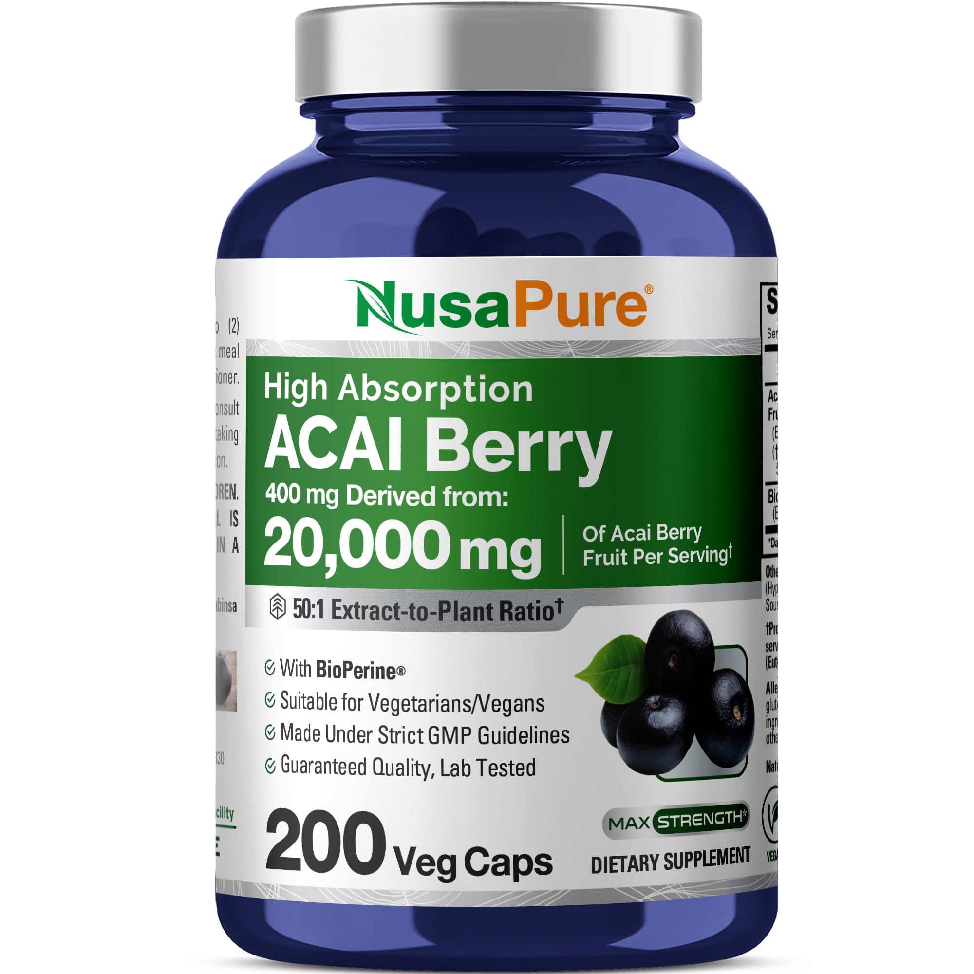 NusaPure Acai Berry Capsules 20000mg | 200 Veggie Caps | Non-GMO, Extract 50:1, Bioperine