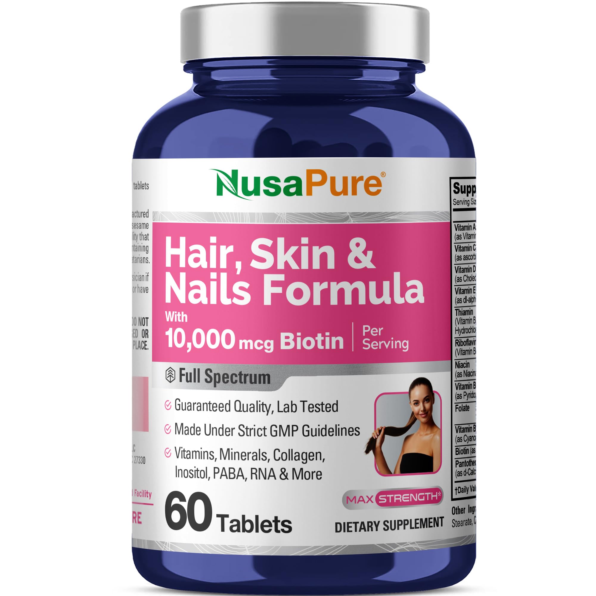 NusaPure Hair, Skin & Nails Formula with 10,000 mcg Biotin Per Serving 60 Tablets Vegetarian Non-GMO