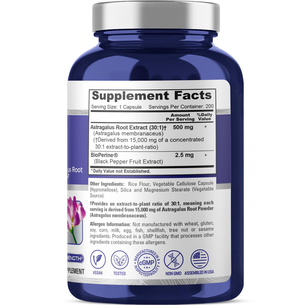 NusaPure Astragalus Root 30:1 Extract, 500 mg Equivalent to 15,000 mg 200 Veg Caps Suitable for Vegetarians and Vegans, Non-GMO