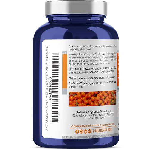 NusaPure Sea Buckthorn Omega-7 30:1 Extract, 250 mg Equivalent to 7,500mg per Veggie Caps - 200 Capsules - Non-GMO & Vegan