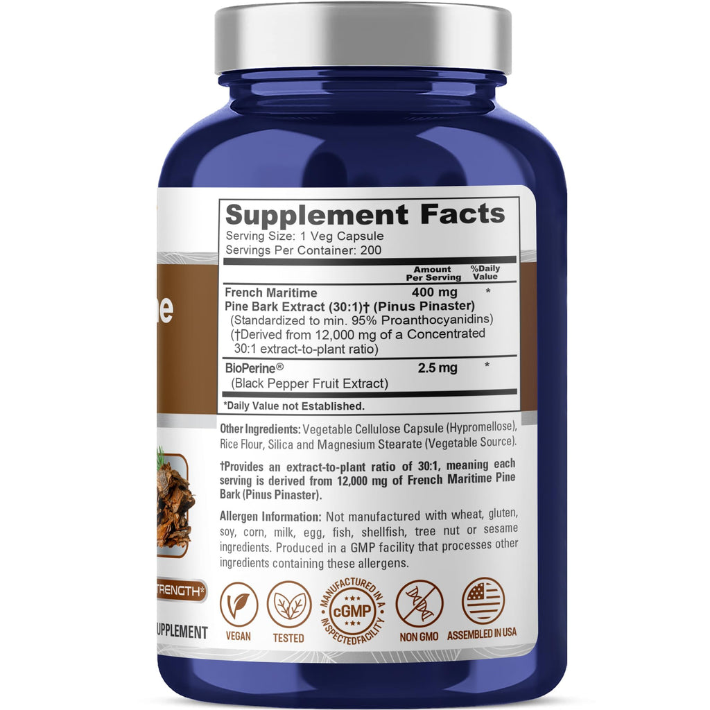 NusaPure French Maritime Pine Bark 30:1 Extract, 400 mg Equivalent to 12,000 mg Per Veggie Caps 200-Day Supply, Bioperine (Non-GMO & Vegan)