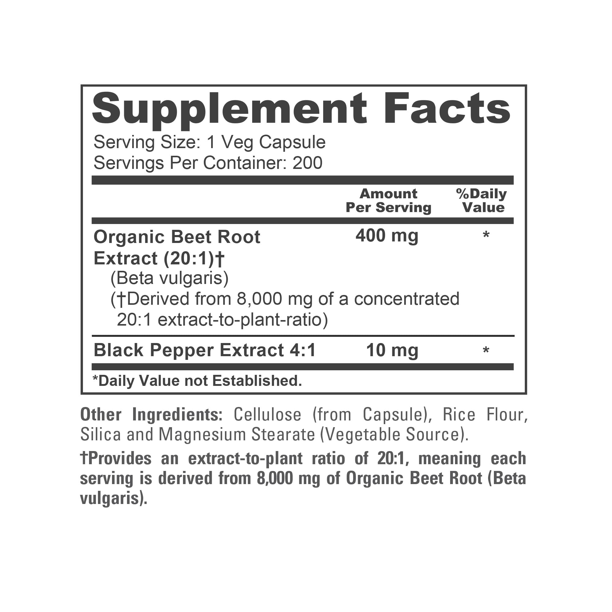 NusaPure Organic Beet Root 20:1 Extract, 400 mg Equivalent to 8,000 mg - Black Pepper 4:1 Extract, 10 mg - 200 Veggie caps (Vegan, Non-GMO)