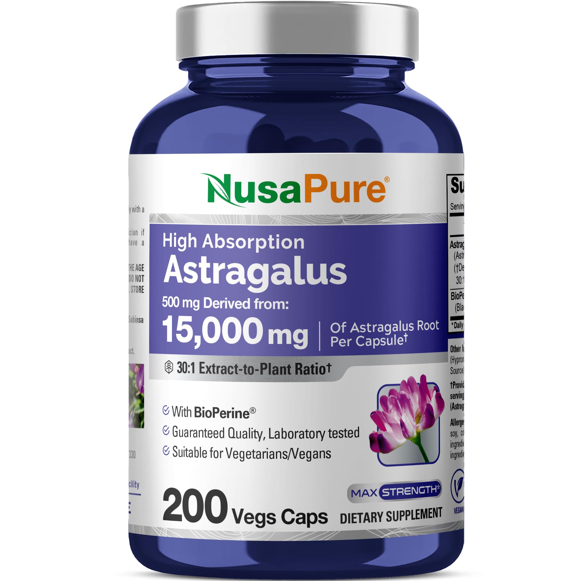 NusaPure Astragalus Root 30:1 Extract, 500 mg Equivalent to 15,000 mg 200 Veg Caps Suitable for Vegetarians and Vegans, Non-GMO