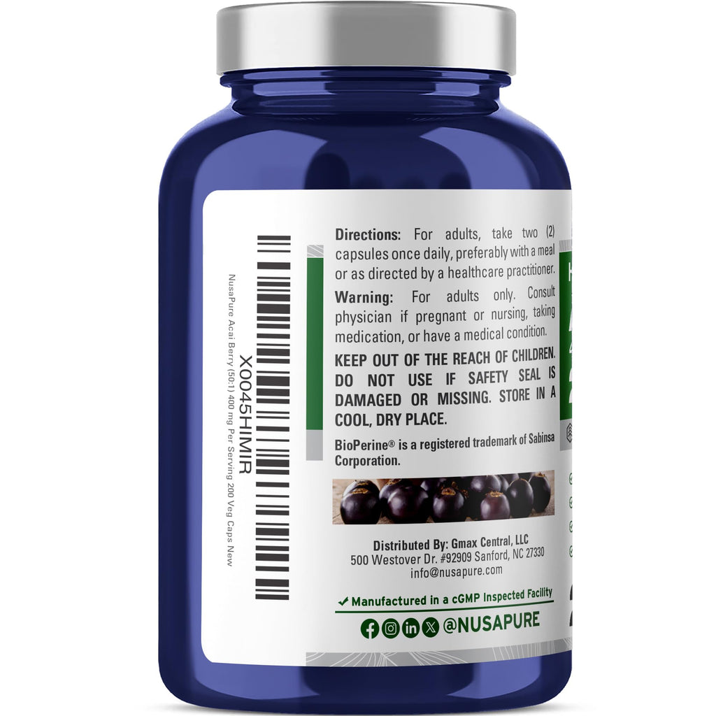 NusaPure Acai Berry Capsules 20000mg | 200 Veggie Caps | Non-GMO, Extract 50:1, Bioperine