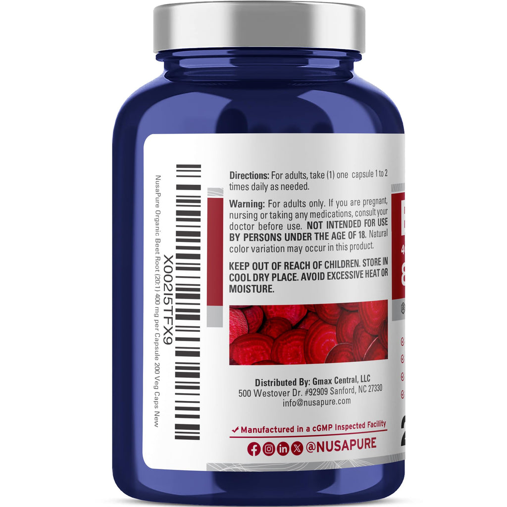 NusaPure Organic Beet Root 20:1 Extract, 400 mg Equivalent to 8,000 mg - Black Pepper 4:1 Extract, 10 mg - 200 Veggie caps (Vegan, Non-GMO)