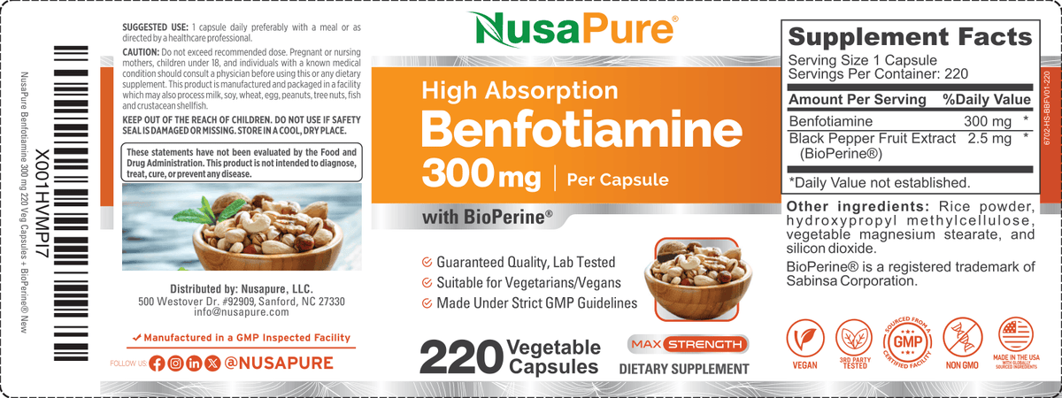 NusaPure Benfotiamine 300mg Per Veggie Caps 220 Count (Non-GMO, Vegan) Bioperine
