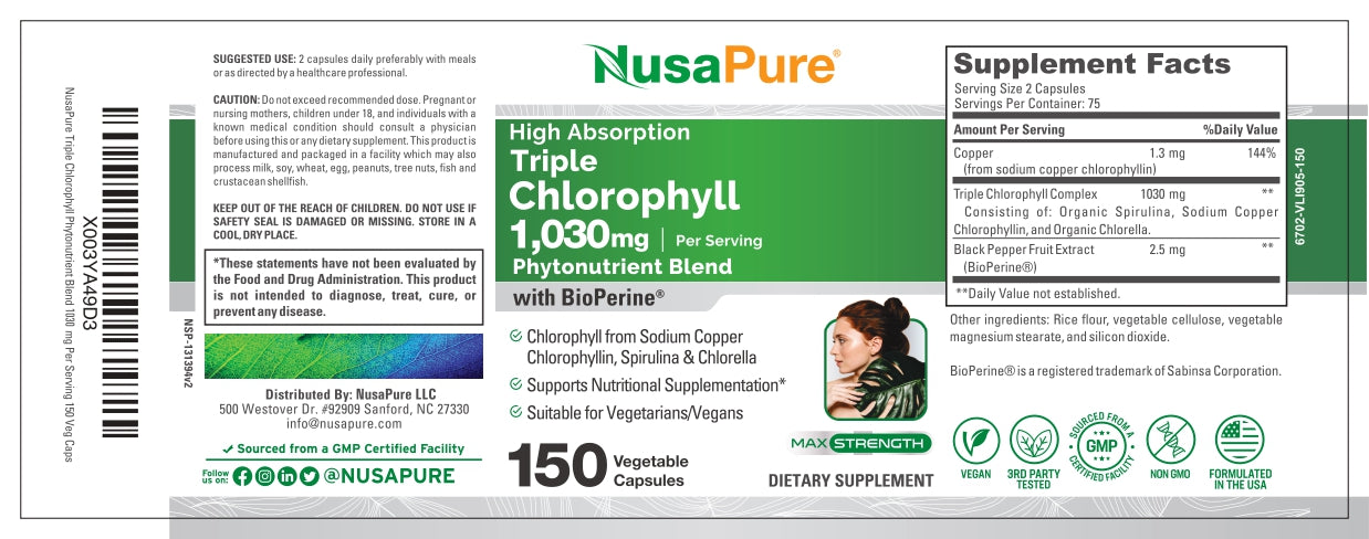 NusaPure High Absorption Triple Chlorophyll 1000 mg 150 Veg Caps Suitable for Vegetarians and Vegans, Non-GMO