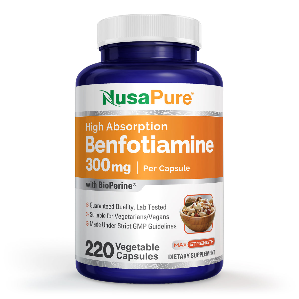 NusaPure Benfotiamine 300mg Per Veggie Caps 220 Count (Non-GMO, Vegan) Bioperine