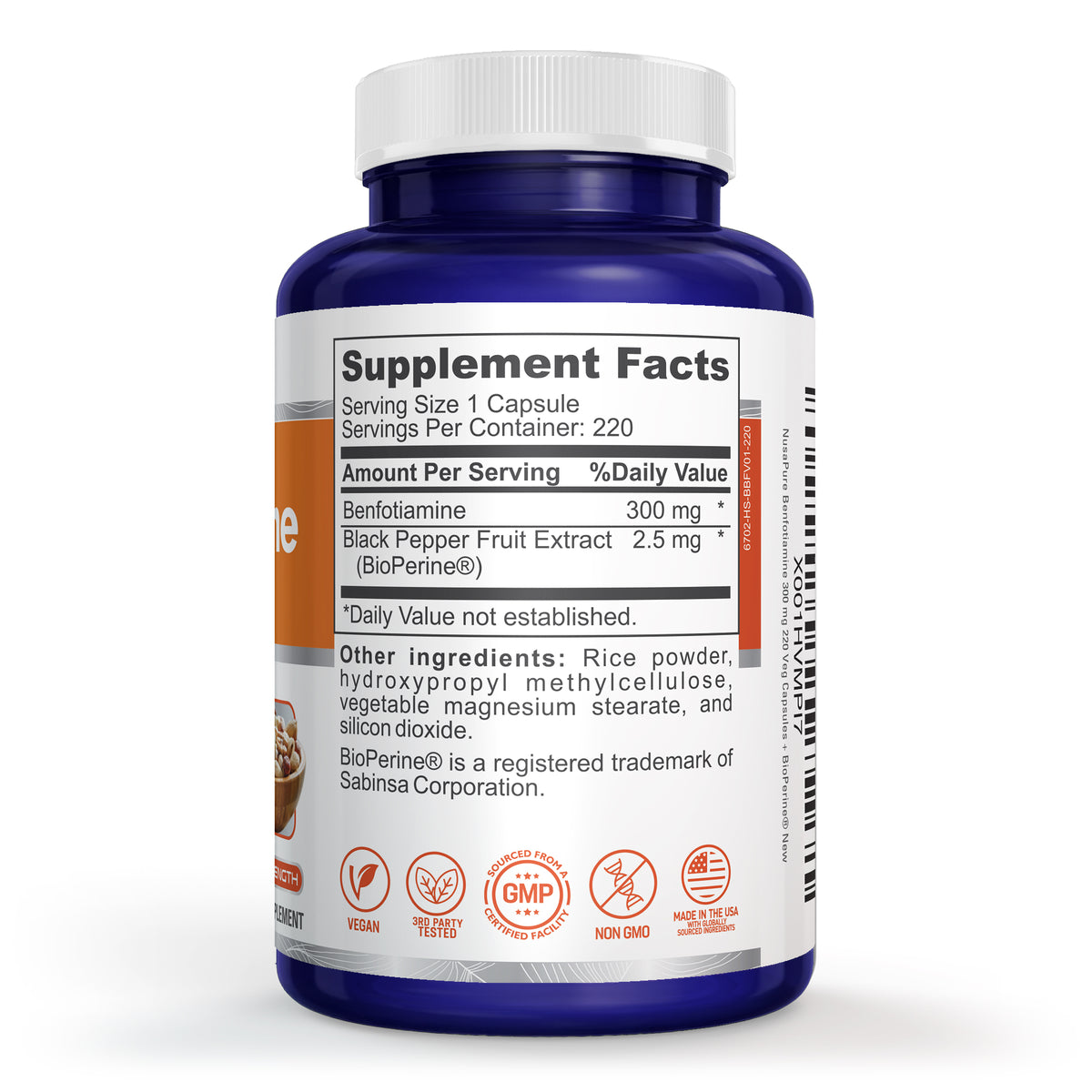 NusaPure Benfotiamine 300mg Per Veggie Caps 220 Count (Non-GMO, Vegan) Bioperine