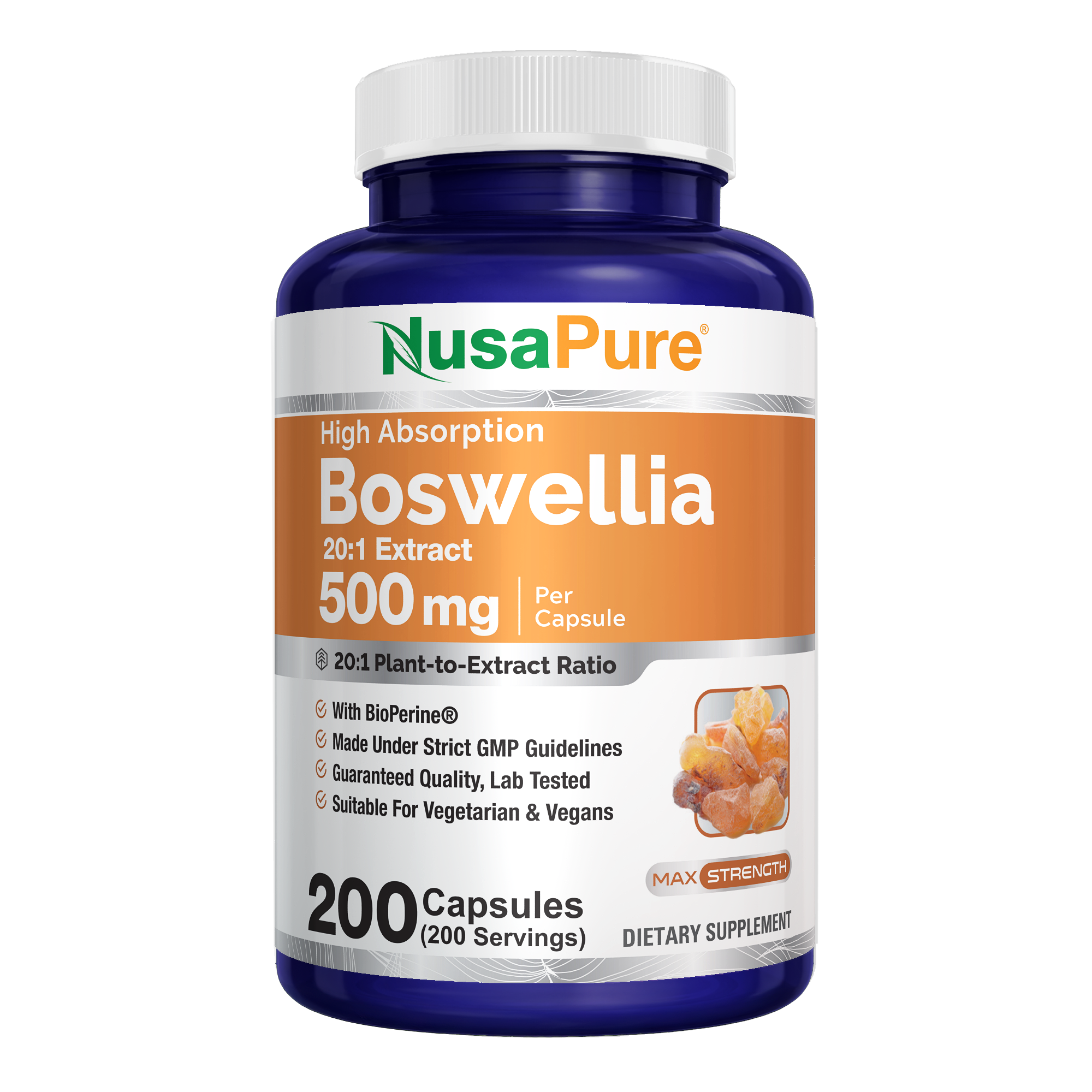 NusaPure Boswellia Serrata 500 mg Per Veggie Caps 200 Count (Ext. 20:1, Non-GMO, Vegan, Bioperine) Ayurvedic Herb: Indian Olibanum, Frankincense
