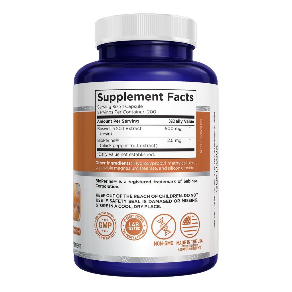 NusaPure Boswellia Serrata 500 mg Per Veggie Caps 200 Count (Ext. 20:1, Non-GMO, Vegan, Bioperine) Ayurvedic Herb: Indian Olibanum, Frankincense