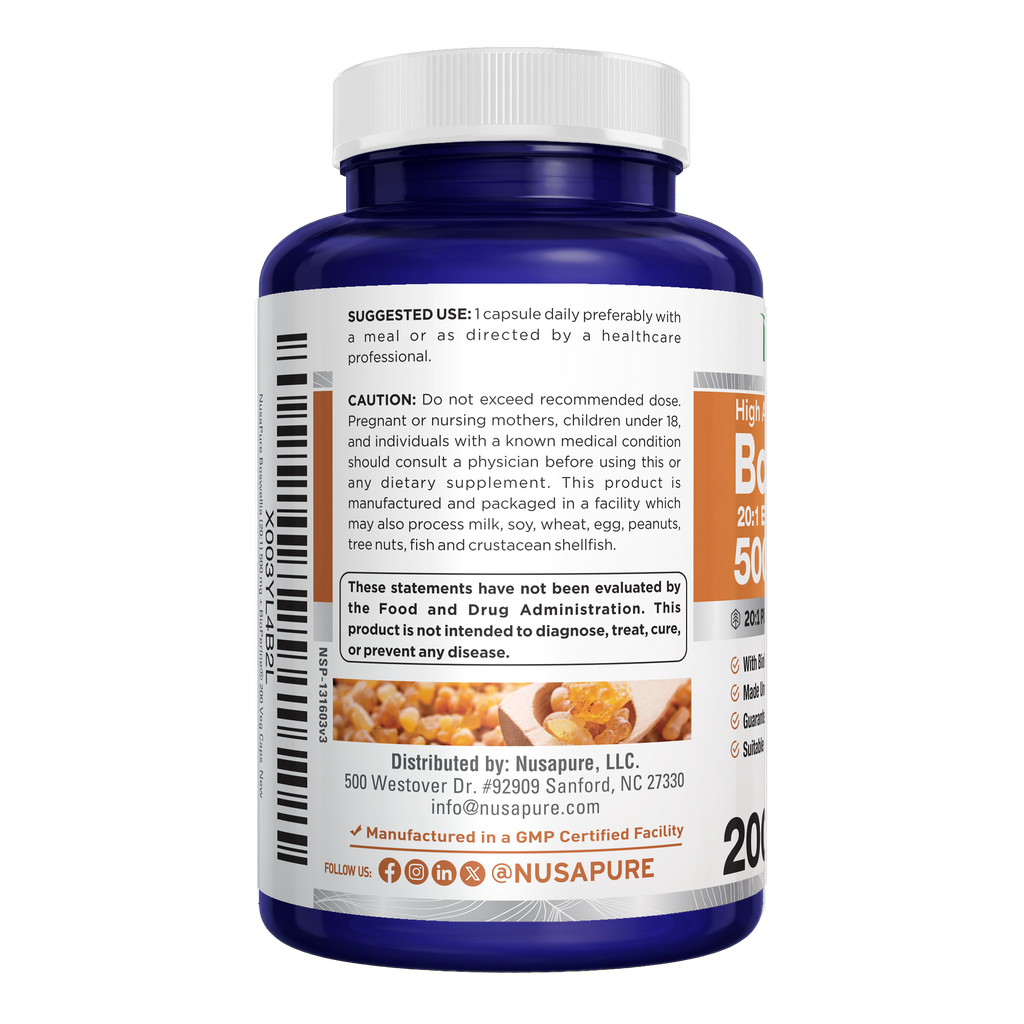 NusaPure Boswellia Serrata 500 mg Per Veggie Caps 200 Count (Ext. 20:1, Non-GMO, Vegan, Bioperine) Ayurvedic Herb: Indian Olibanum, Frankincense