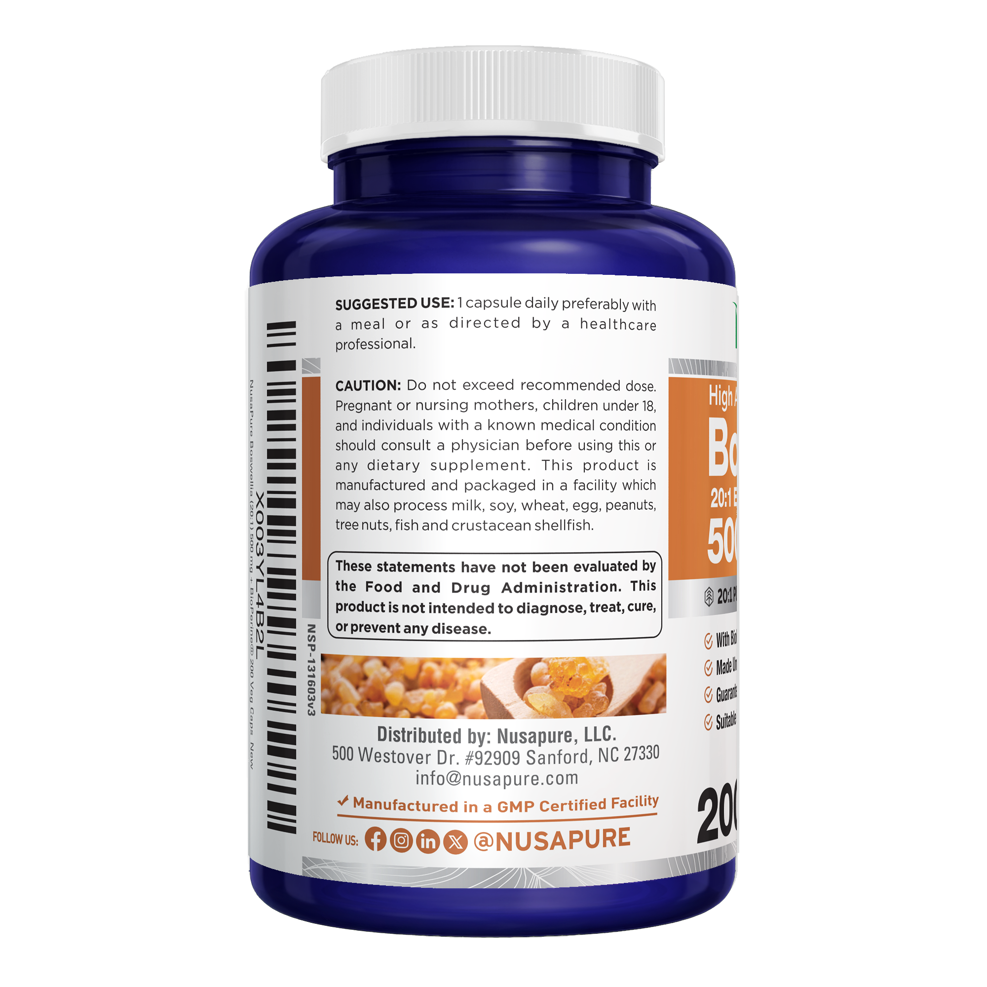 NusaPure Boswellia Serrata 500 mg Per Veggie Caps 200 Count (Ext. 20:1, Non-GMO, Vegan, Bioperine) Ayurvedic Herb: Indian Olibanum, Frankincense