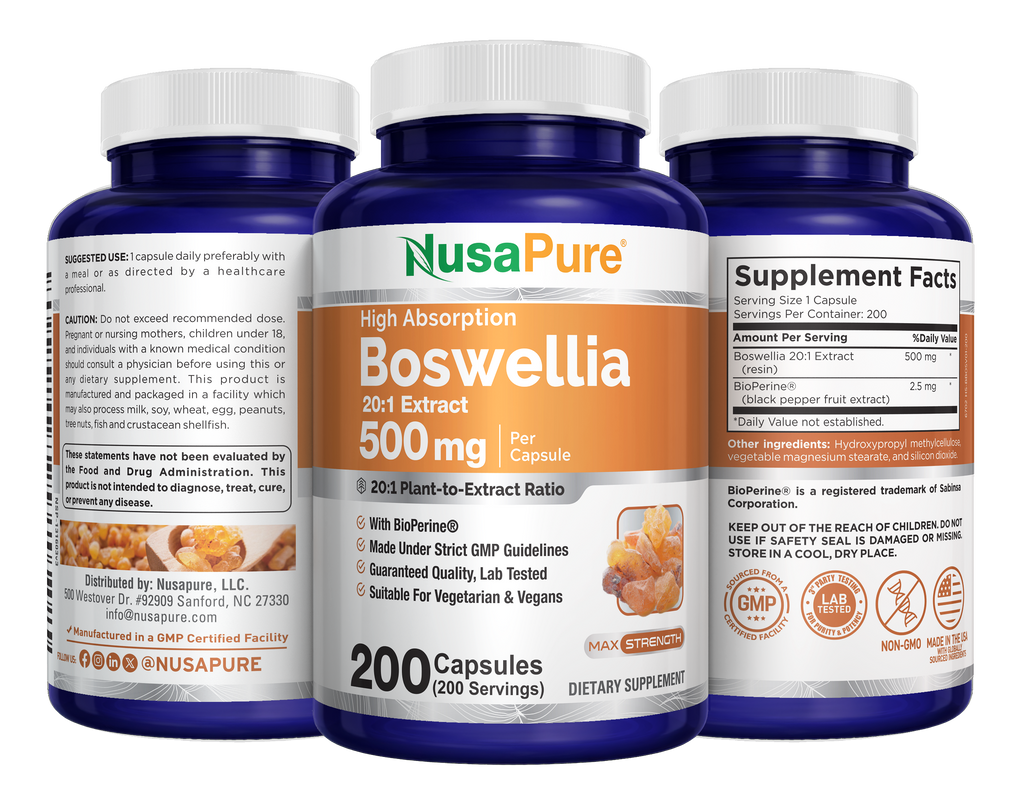 NusaPure Boswellia Serrata 500 mg Per Veggie Caps 200 Count (Ext. 20:1, Non-GMO, Vegan, Bioperine) Ayurvedic Herb: Indian Olibanum, Frankincense