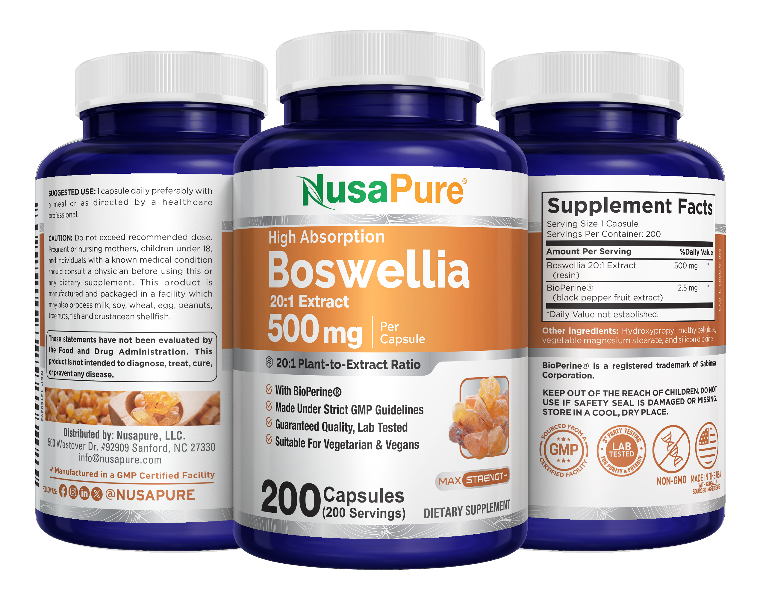 NusaPure Boswellia Serrata 500 mg Per Veggie Caps 200 Count (Ext. 20:1, Non-GMO, Vegan, Bioperine) Ayurvedic Herb: Indian Olibanum, Frankincense