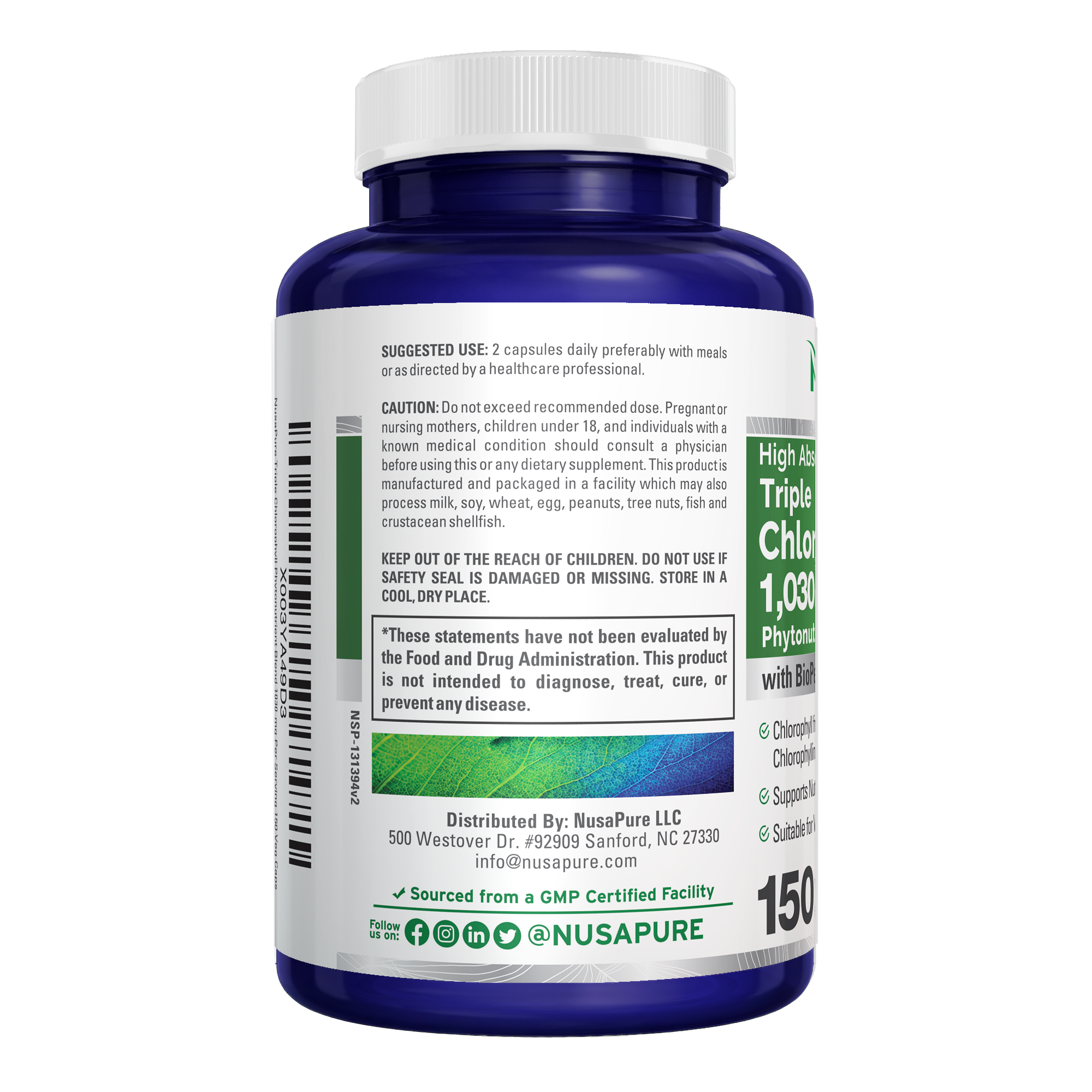 NusaPure High Absorption Triple Chlorophyll 1000 mg 150 Veg Caps Suitable for Vegetarians and Vegans, Non-GMO