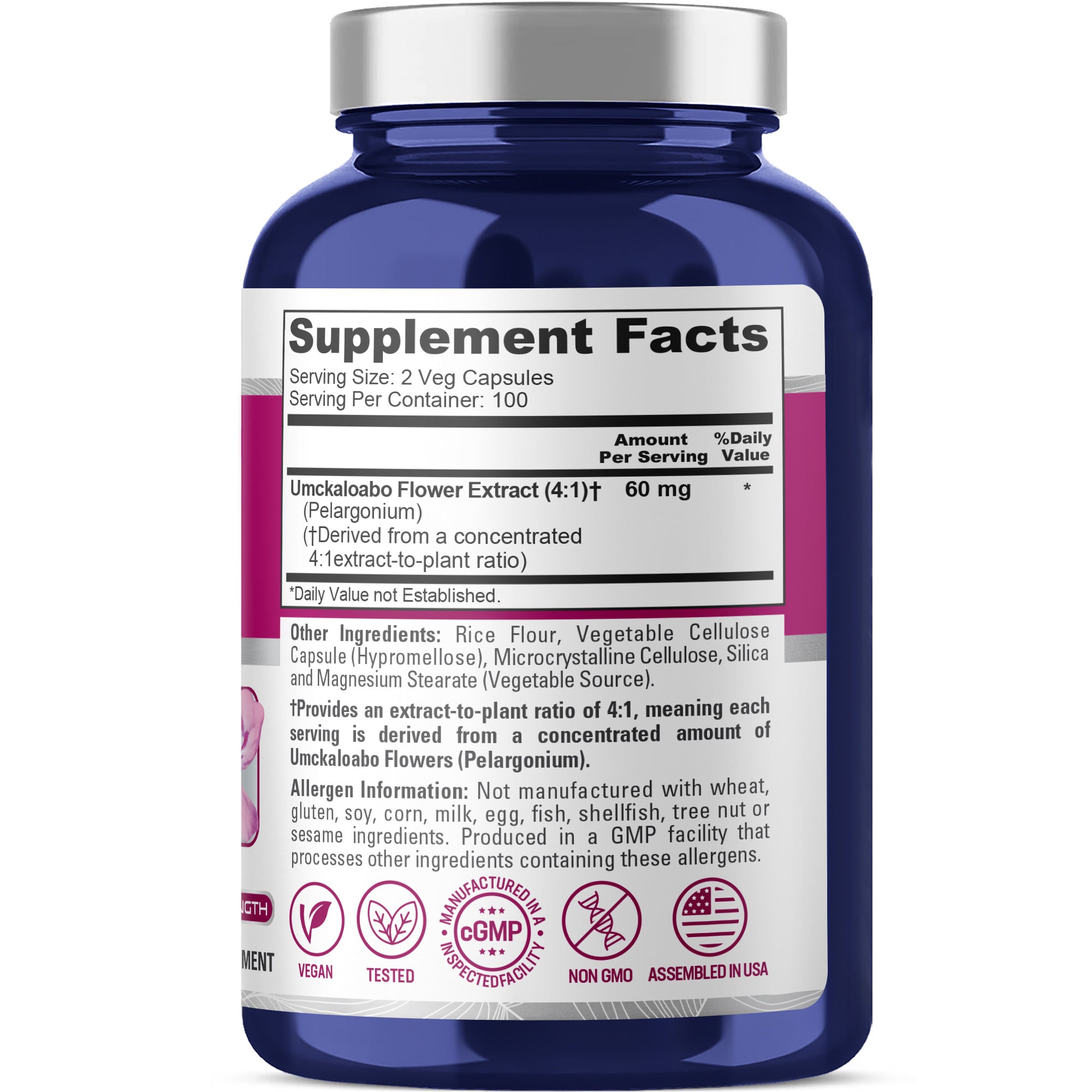 NusaPure Umckaloabo 4:1 Extract, 60 mg Veggie Caps 200 Count (Non-GMO, Vegan)