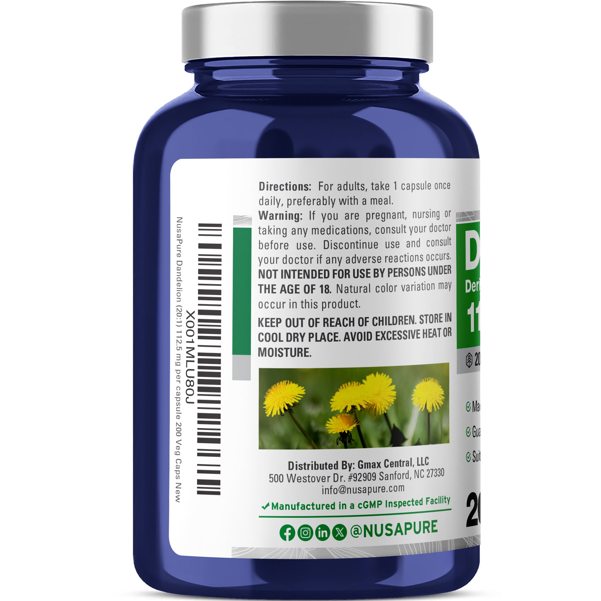 NusaPure Dandelion Root 20:1 Extract, 112.5 mg 200 Veggie Capsules (Non-GMO, Vegan)