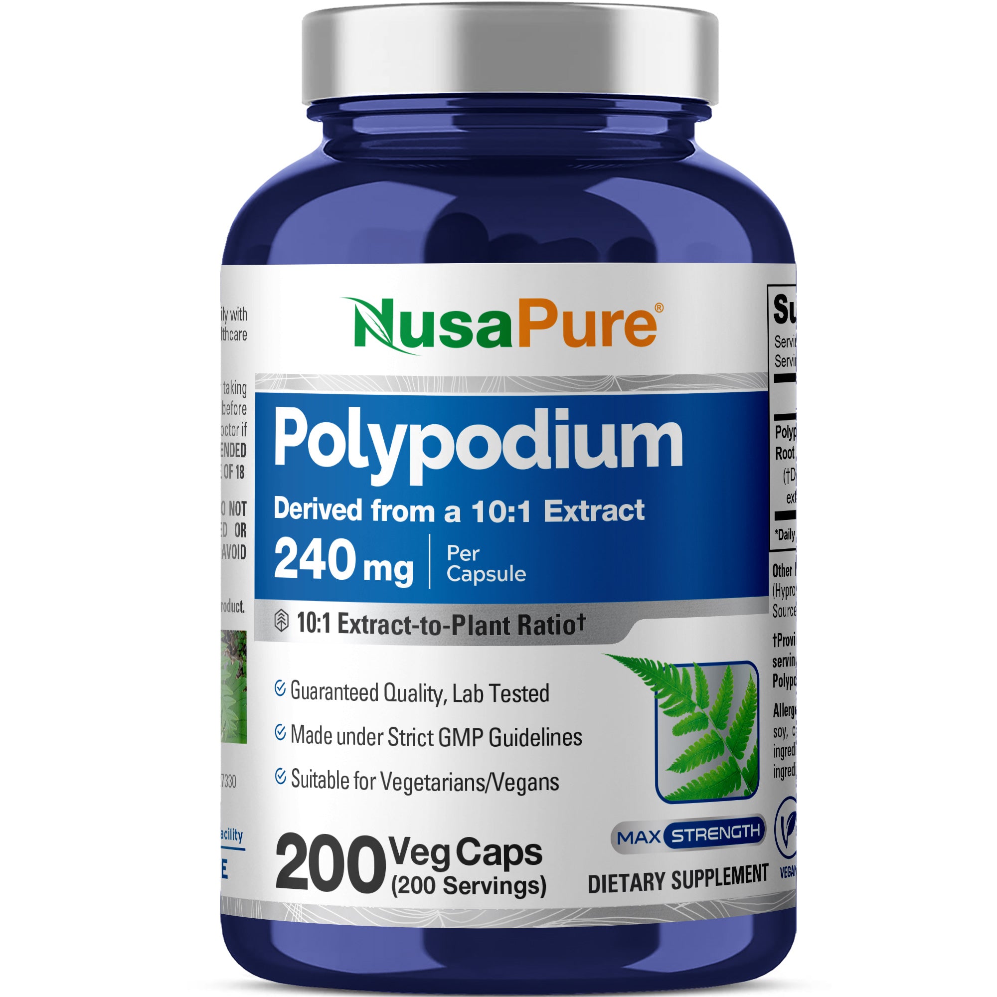 NusaPure Polypodium Leucotomos 10:1 Extract, 240 mg 200 Veggie Capsules (Vegetarian, Non-GMO, Vegan)