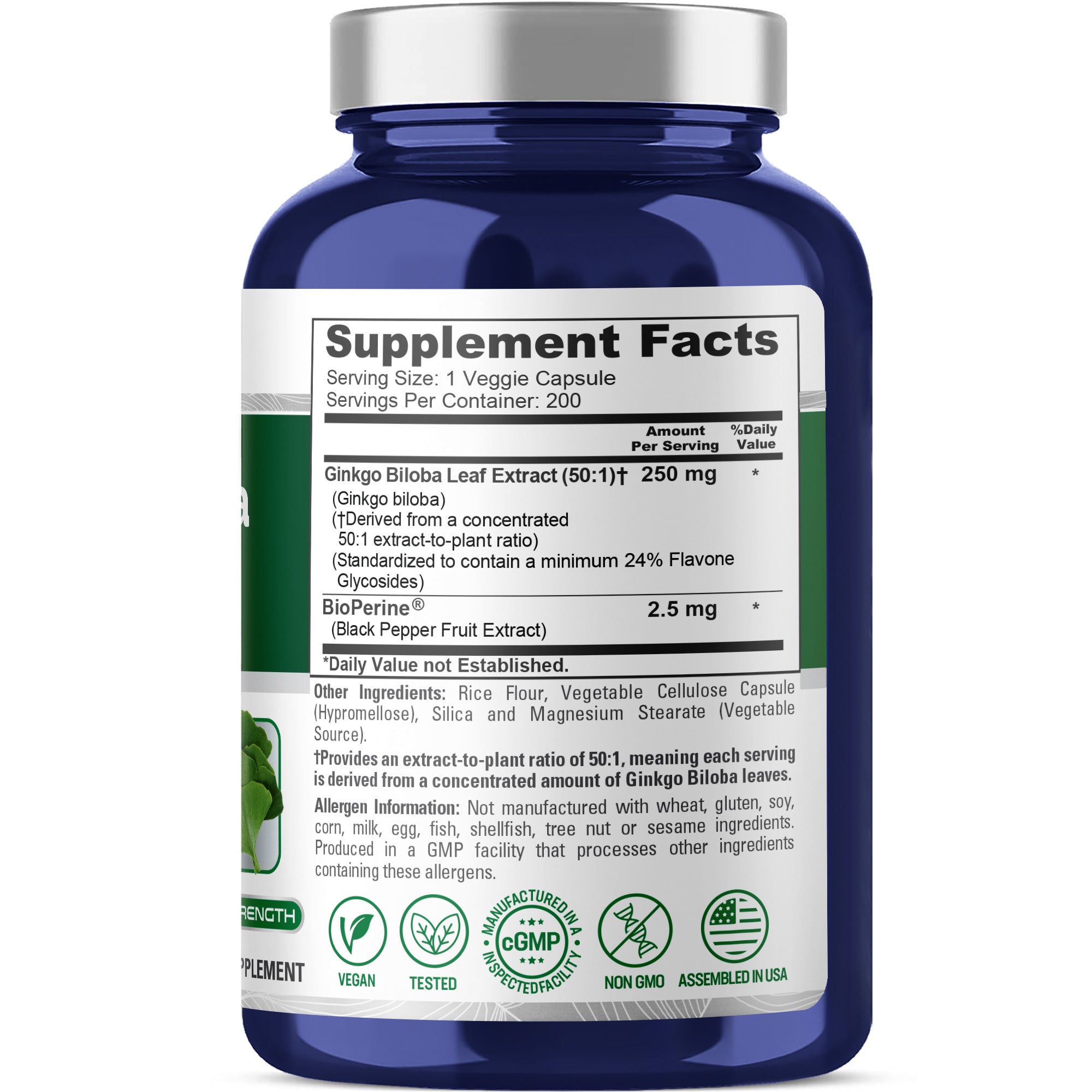 NusaPure Ginkgo Biloba 50:1 Extract, 250 mg per Veggie Caps 200 Capsules (Vegetarian, Non-GMO, Vegan) Bioperine