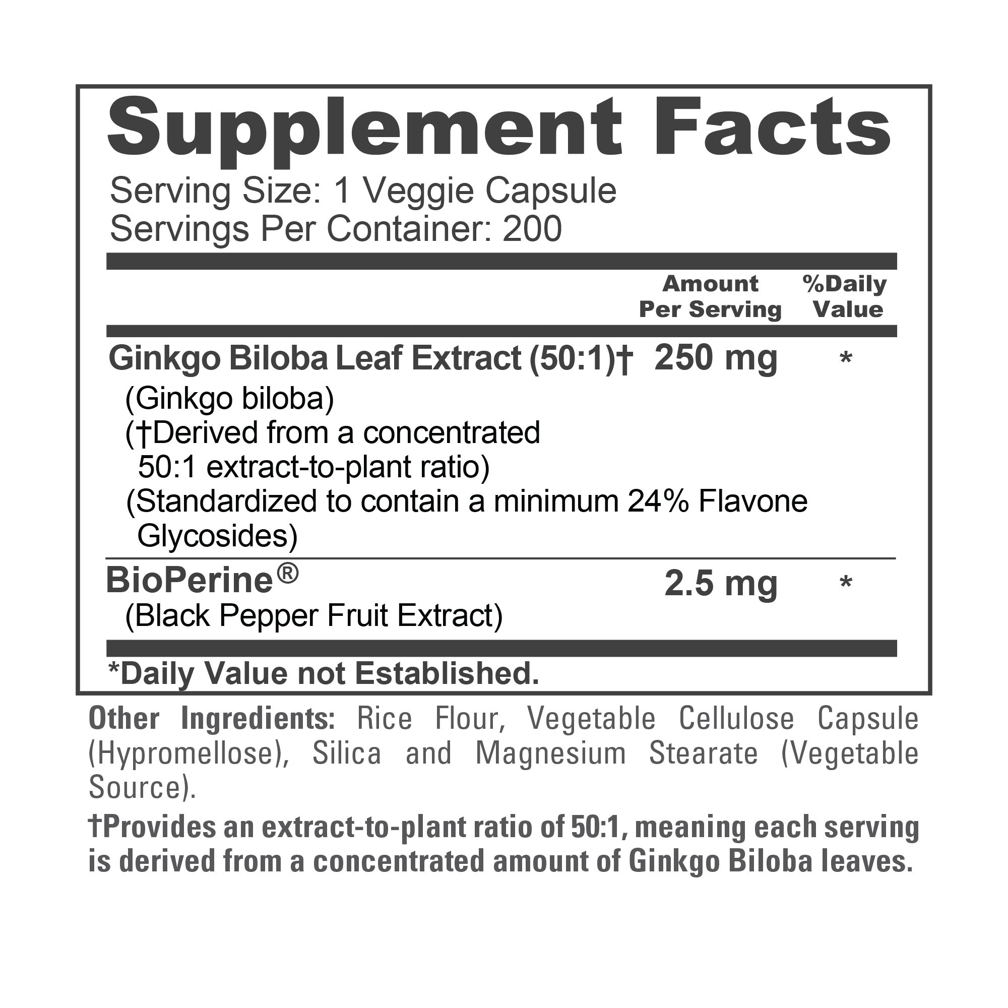 NusaPure Ginkgo Biloba 50:1 Extract, 250 mg per Veggie Caps 200 Capsules (Vegetarian, Non-GMO, Vegan) Bioperine