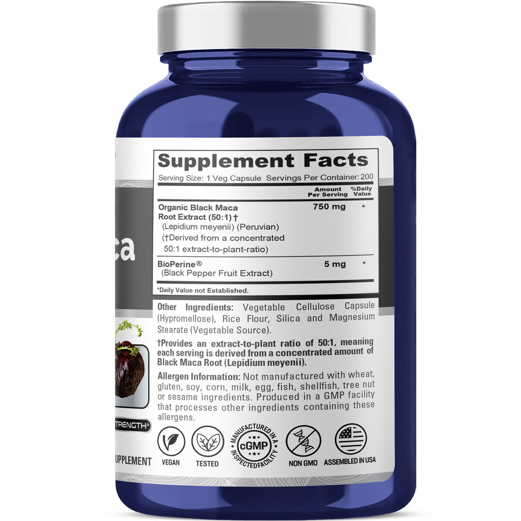NusaPure Peruvian Black Maca Root Extract 750mg 50:1 - Suitable for Vegetarian/Vegan, Non - GMO - 37500 mg - 200 Capsules