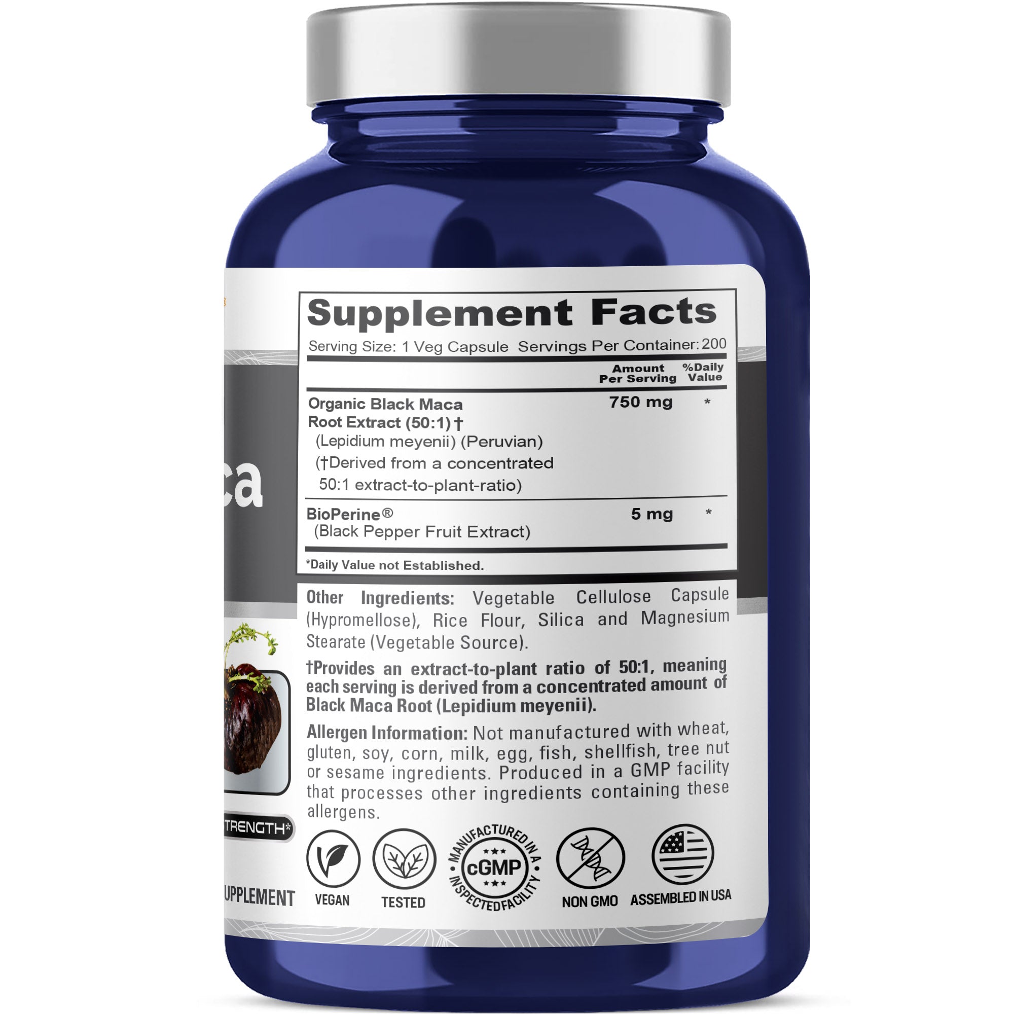 NusaPure Peruvian Black Maca Root Extract 750mg 50:1 - Suitable for Vegetarian/Vegan, Non - GMO - 37500 mg - 200 Capsules