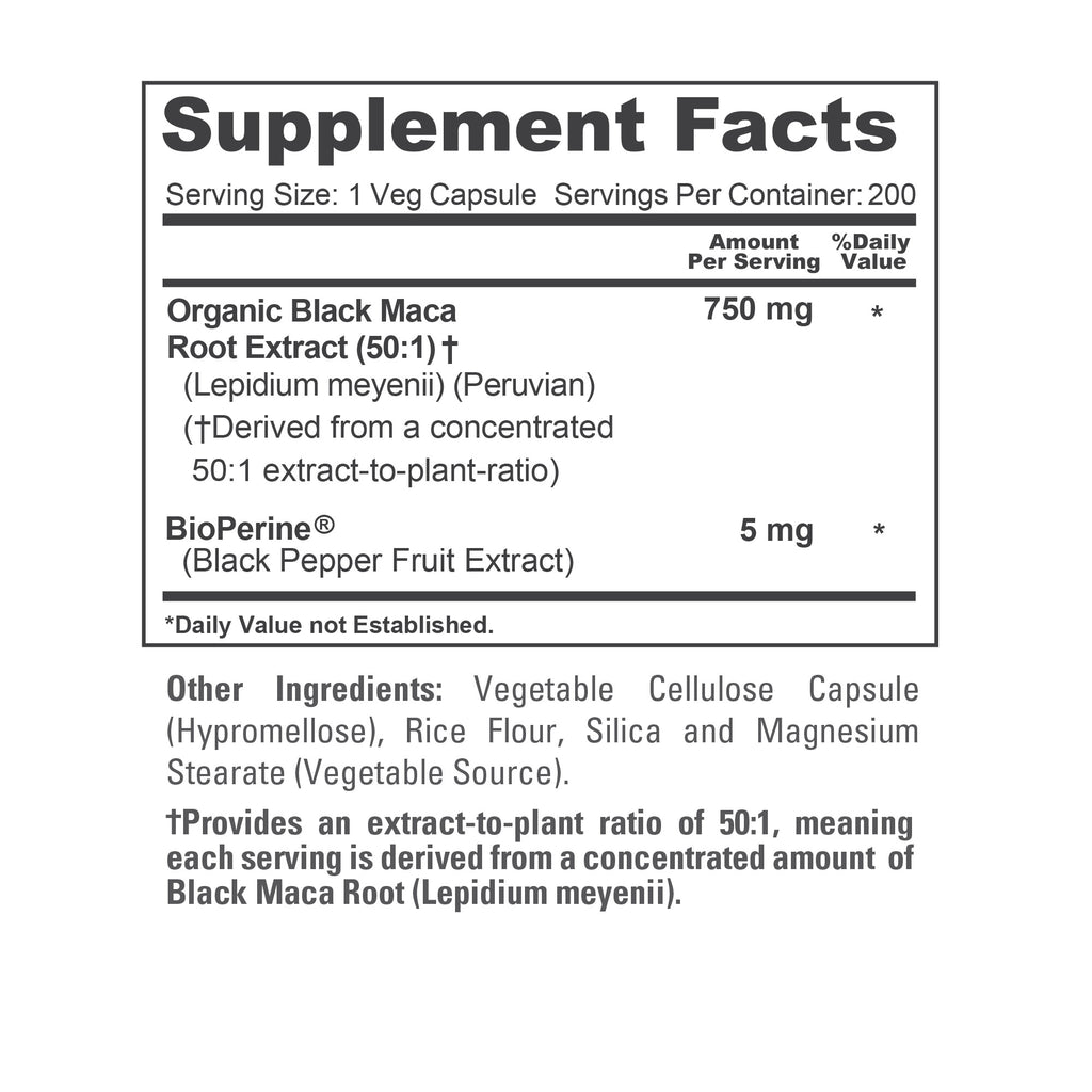 NusaPure Peruvian Black Maca Root Extract 750mg 50:1 - Suitable for Vegetarian/Vegan, Non - GMO - 37500 mg - 200 Capsules