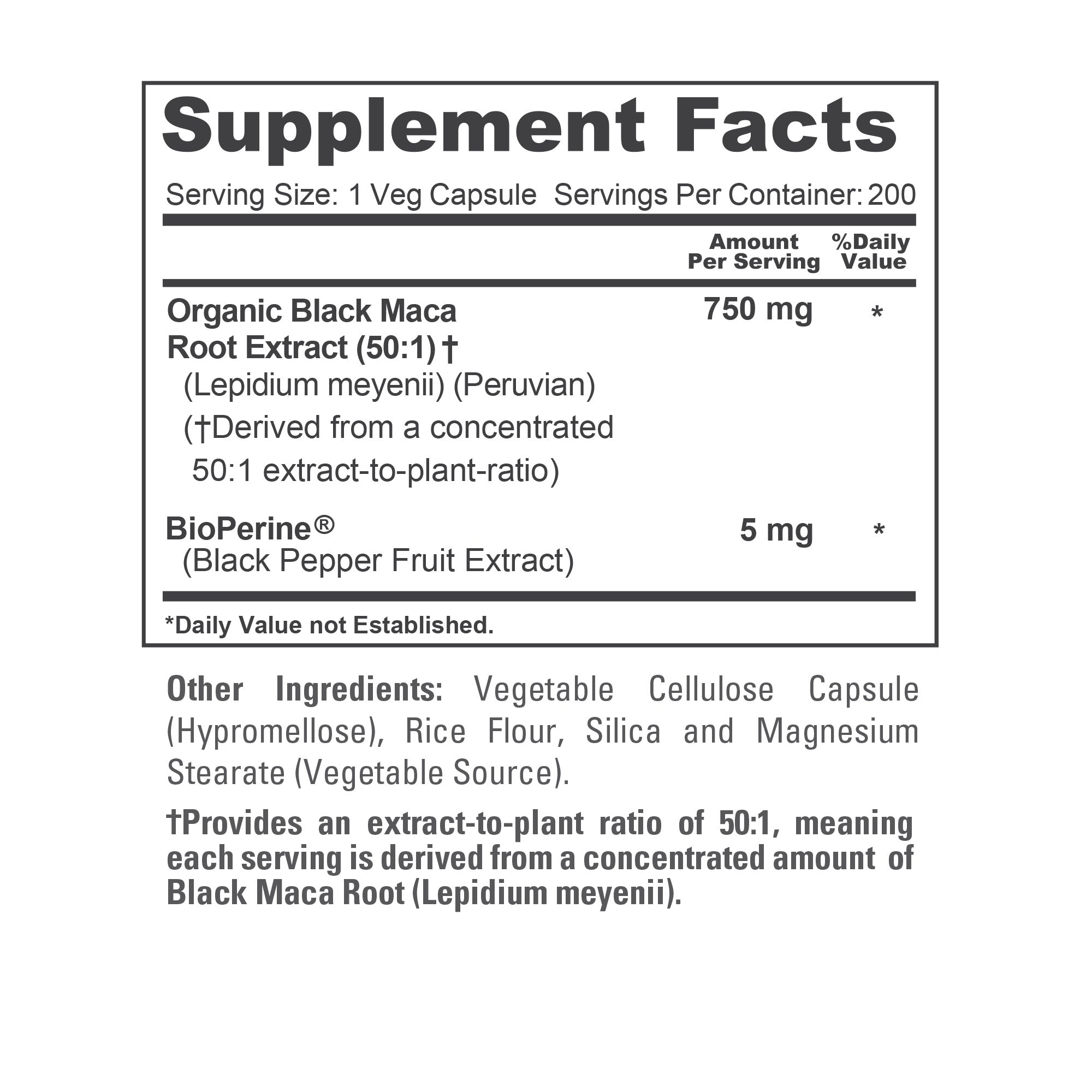 NusaPure Peruvian Black Maca Root Extract 750mg 50:1 - Suitable for Vegetarian/Vegan, Non - GMO - 37500 mg - 200 Capsules