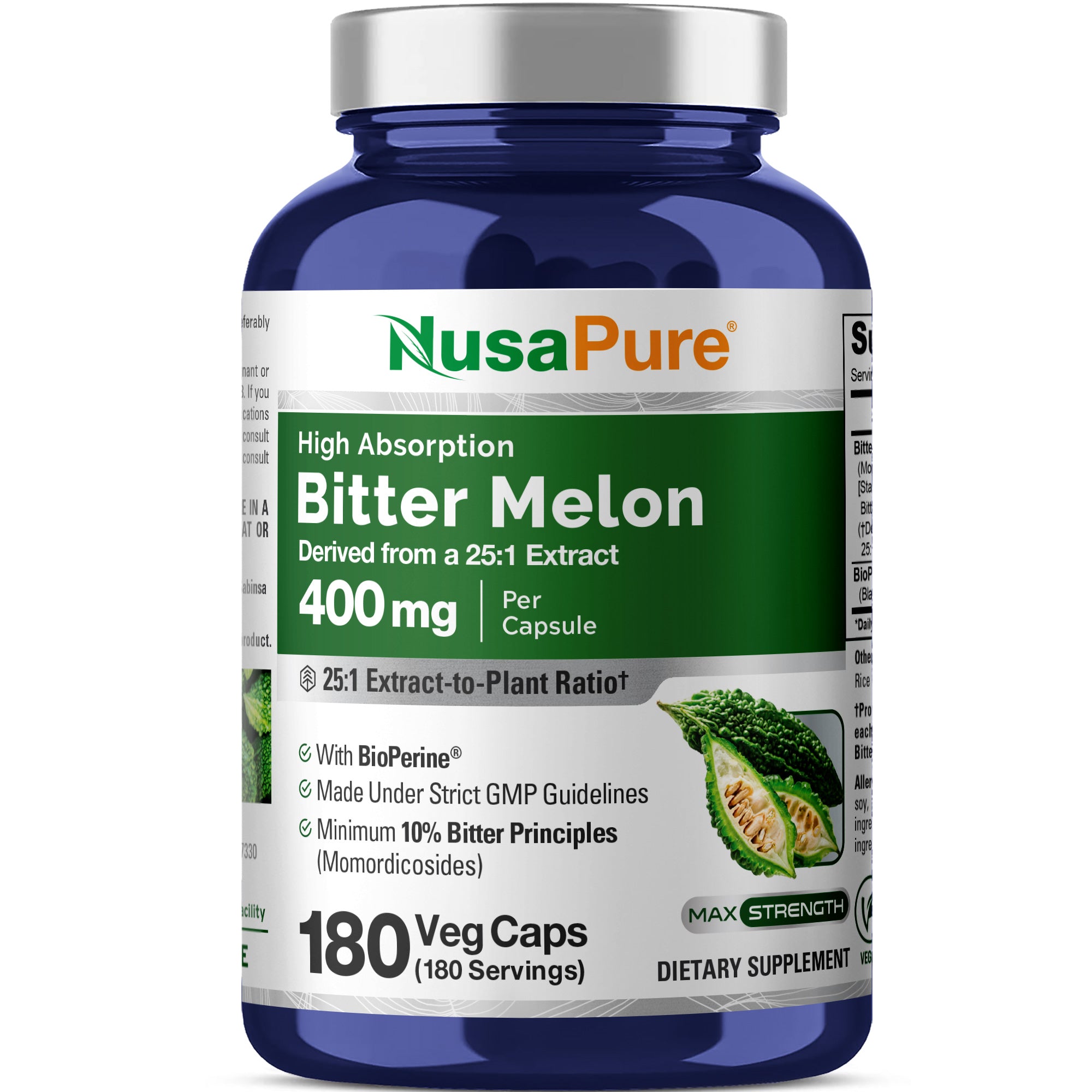 NusaPure Bitter Melon Extract 400 mg 180 Vegan Caps (100% Vegetarian, Non-GMO, Gluten-Free, 10% Bitter Principles) Bioperine