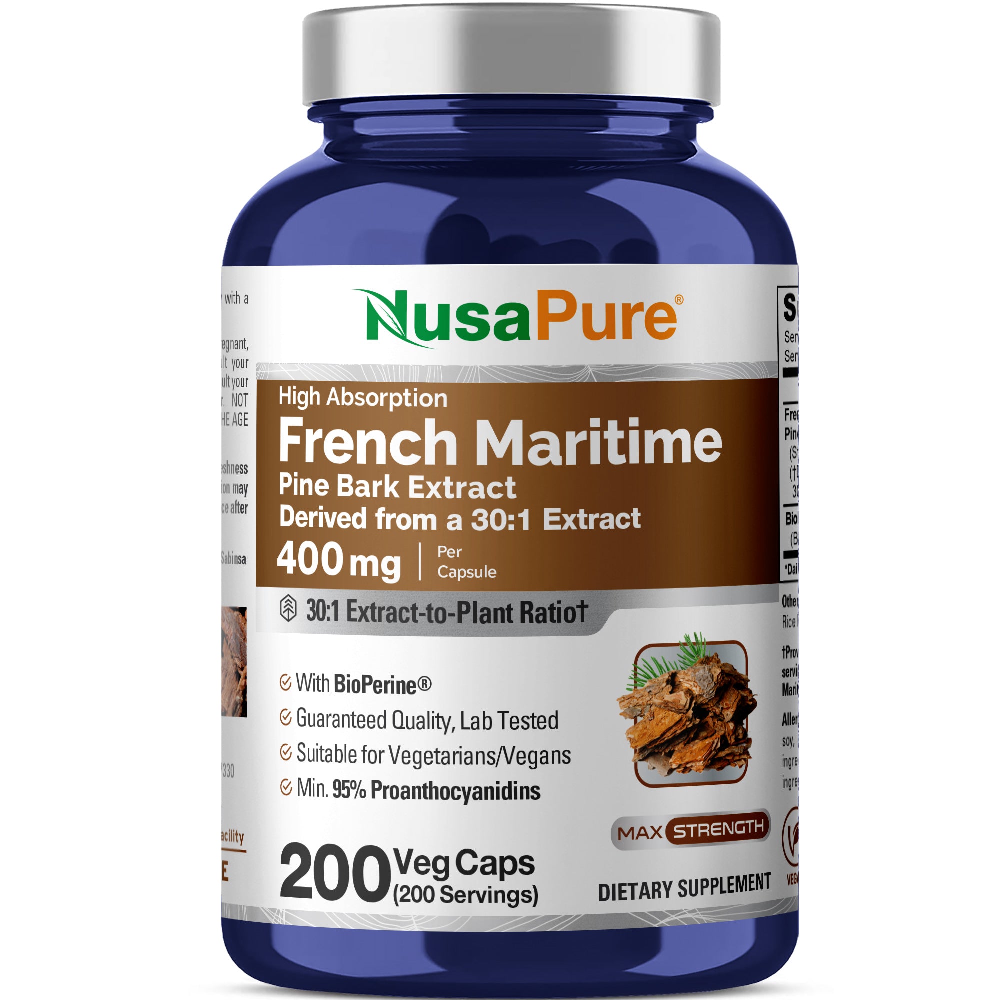 NusaPure French Maritime Pine Bark 30:1 Extract, 400 mg Per Veggie Caps 200-Day Supply, Bioperine (Non-GMO & Vegan)