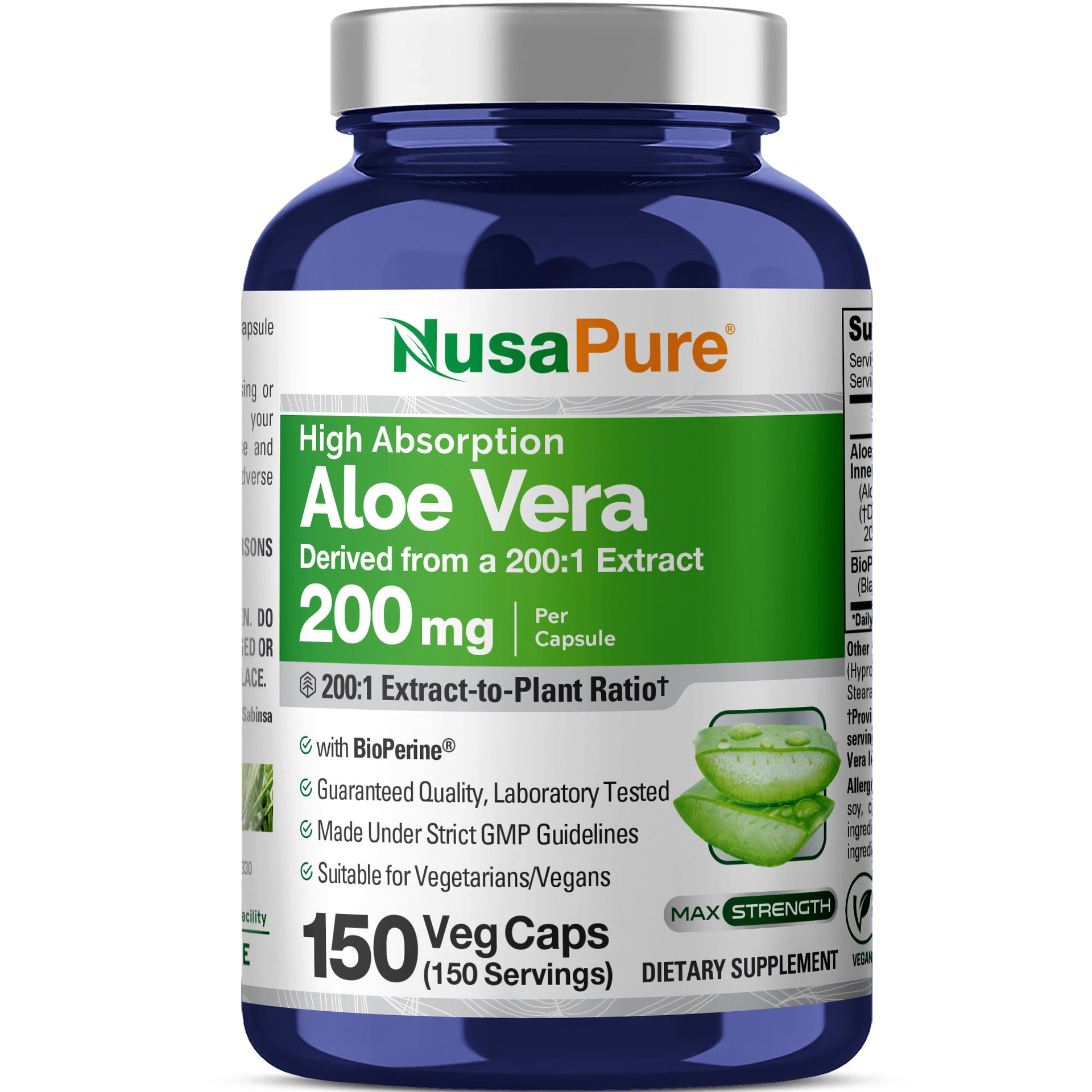 NusaPure Aloe Vera 200mg Per Veggie Caps - 150 Count - Aloe Vera Gel  Supplement