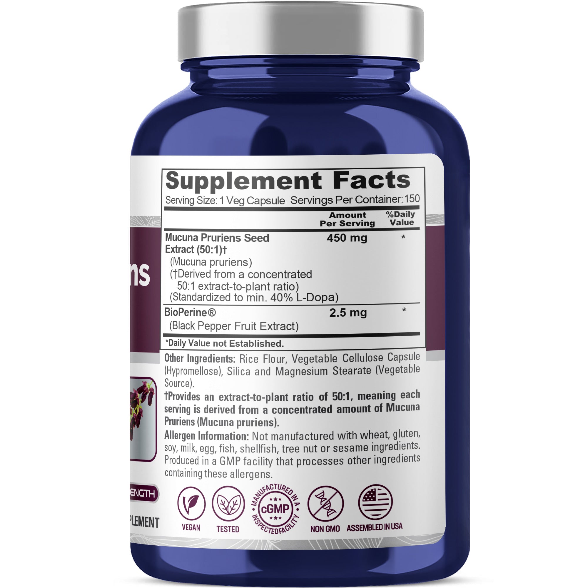 NusaPure Mucuna Pruriens 50:1 Extract, 450 mg 150 Veggie Caps (Non-GMO, Gluten Free, & Bio-Perine)